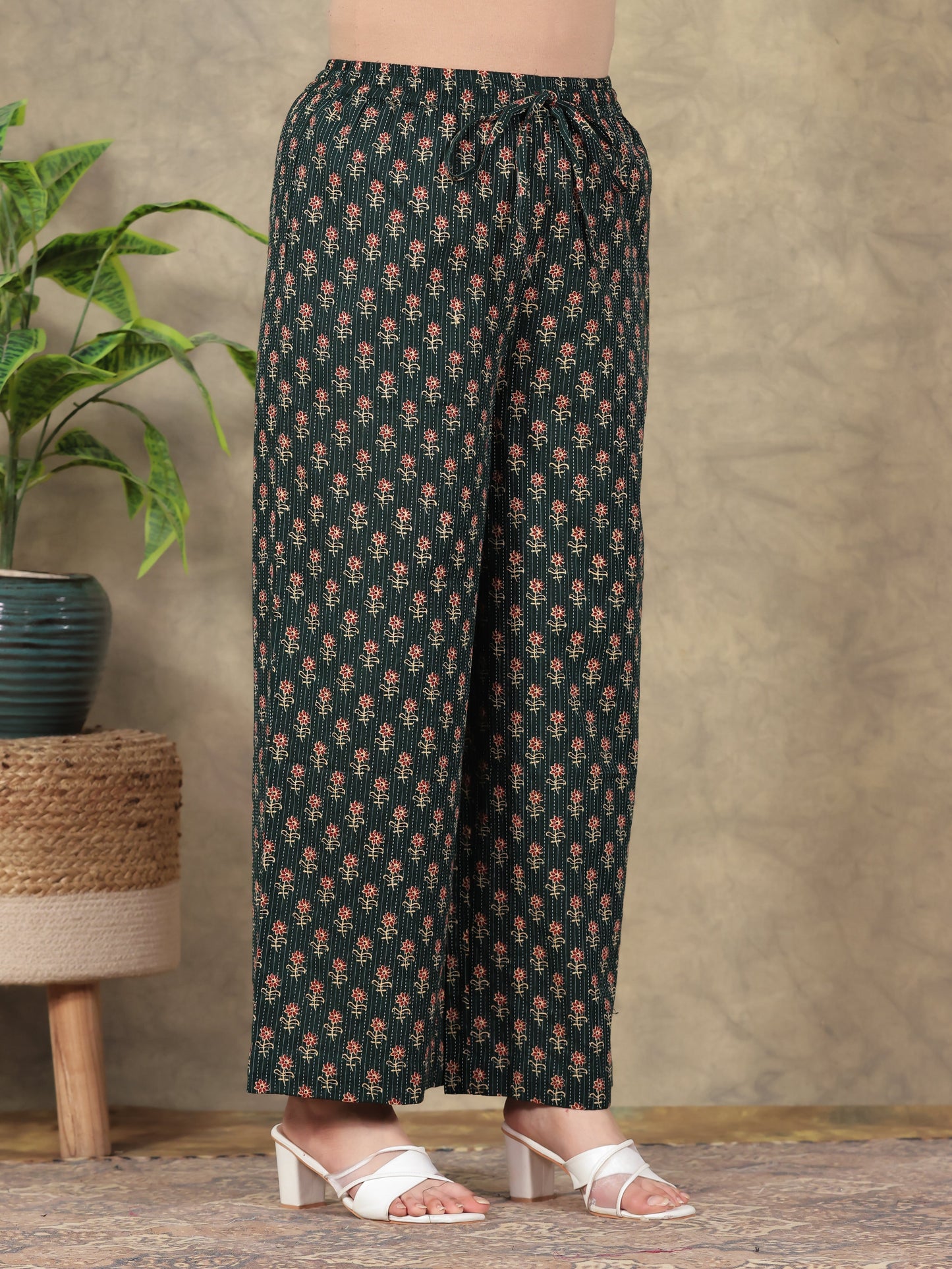 Kantha Cotton Floral Angrakha Green Kurta