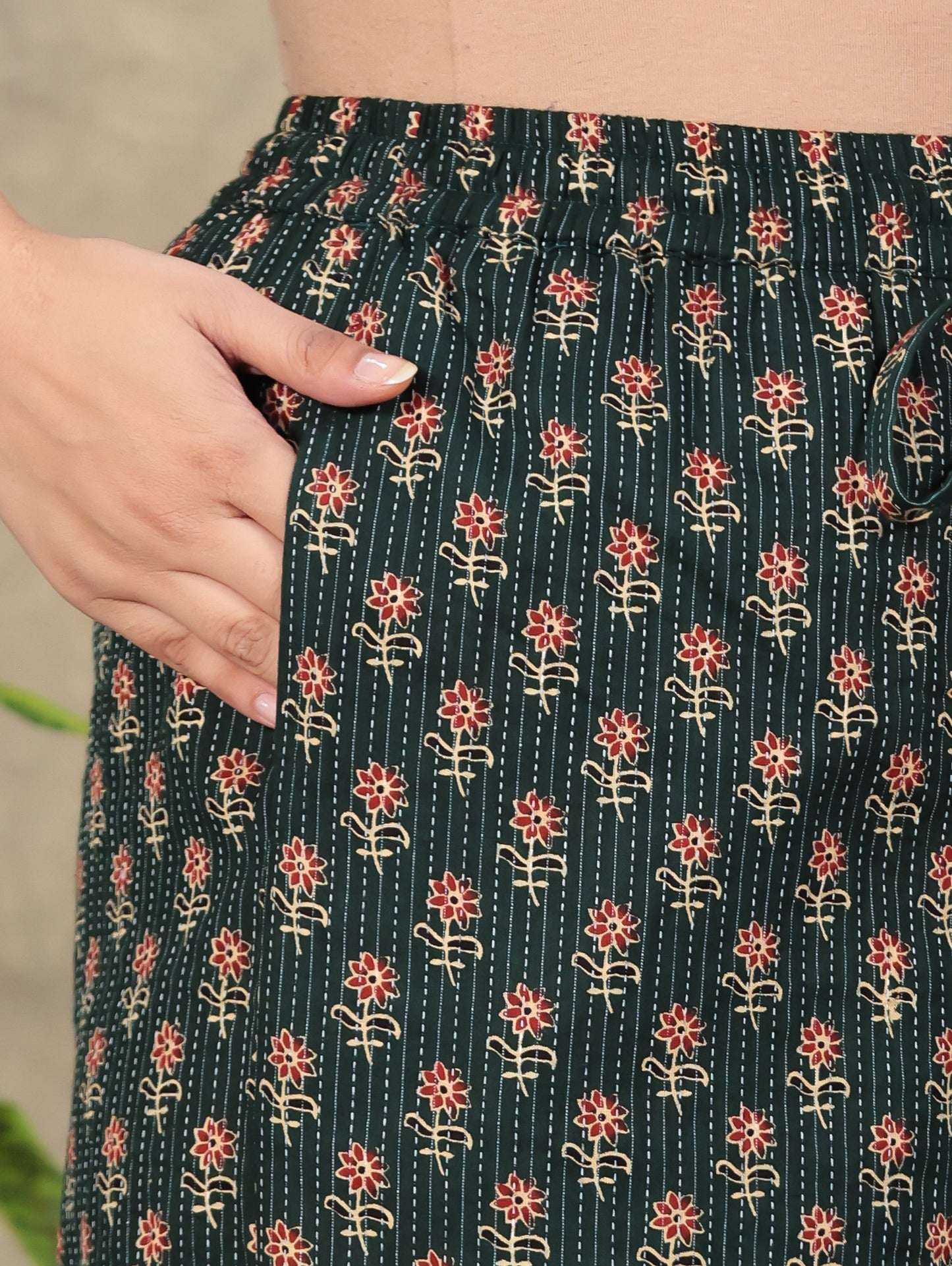 Kantha Cotton Floral Angrakha Green Kurta