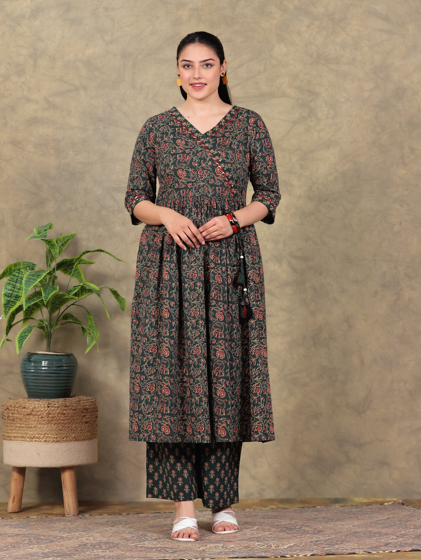 Kantha Cotton Floral Angrakha Green Kurta