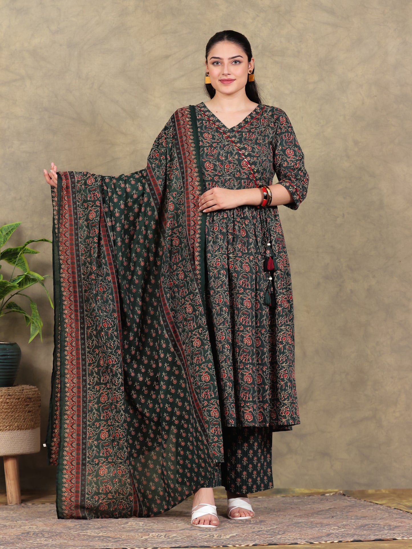 Kantha Cotton Floral Angrakha Green Kurta