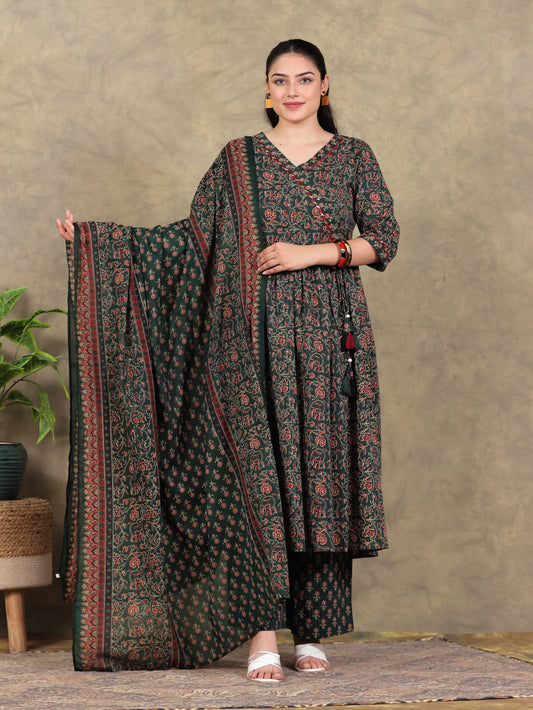 Kantha Cotton Floral Angrakha Green Kurta
