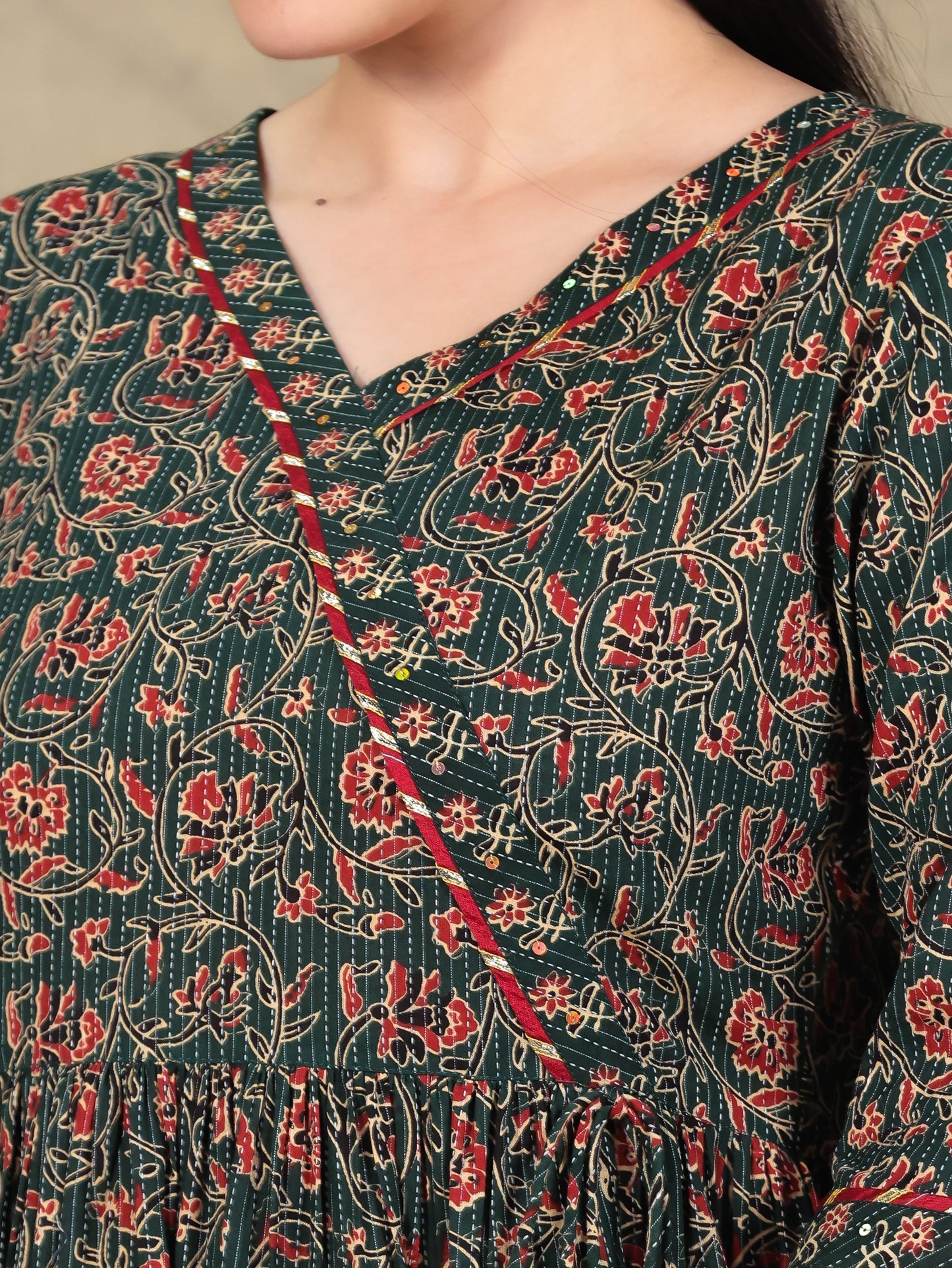 Kantha Cotton Floral Angrakha Green Kurta