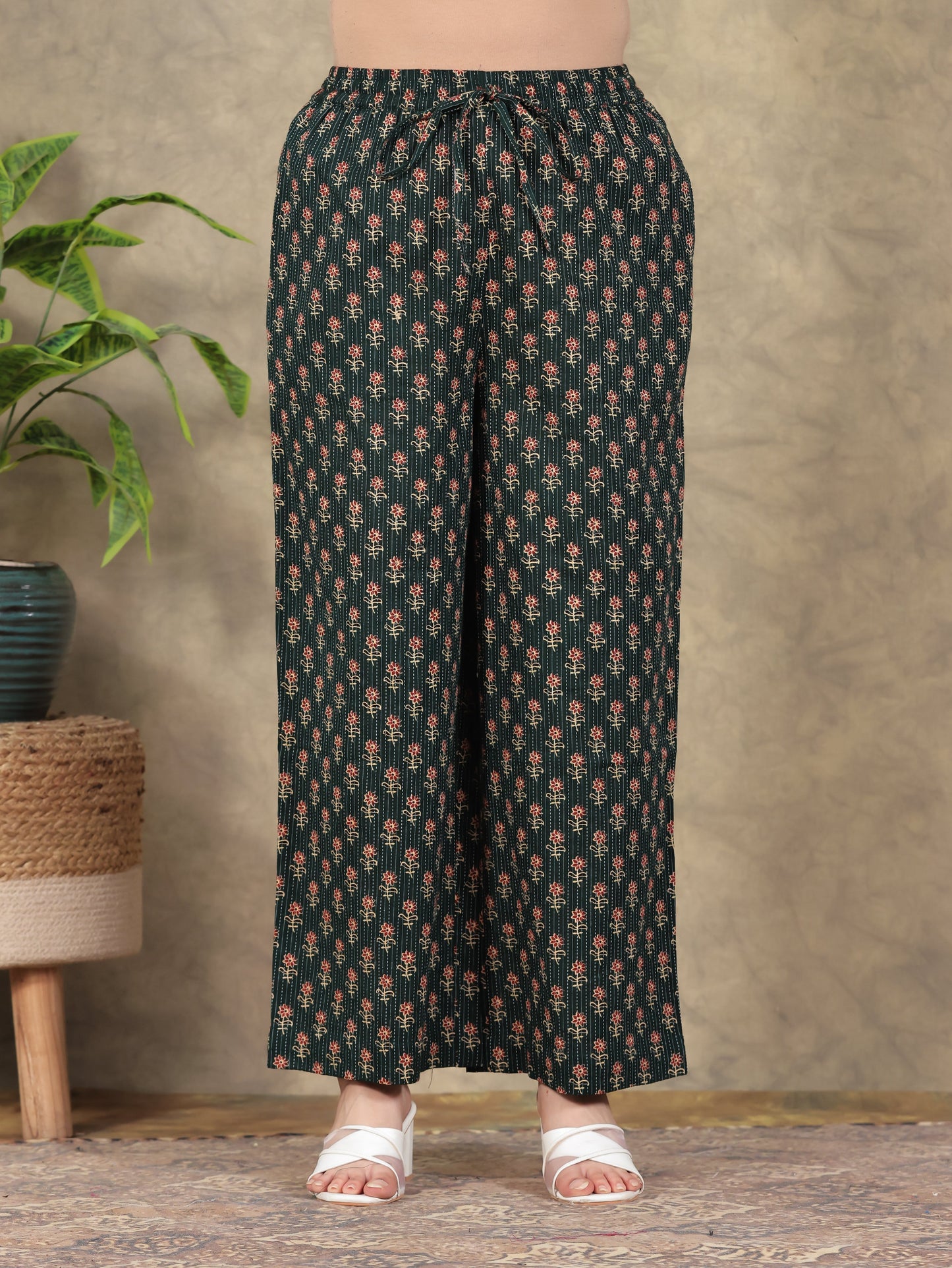 Kantha Cotton Floral Angrakha Green Kurta