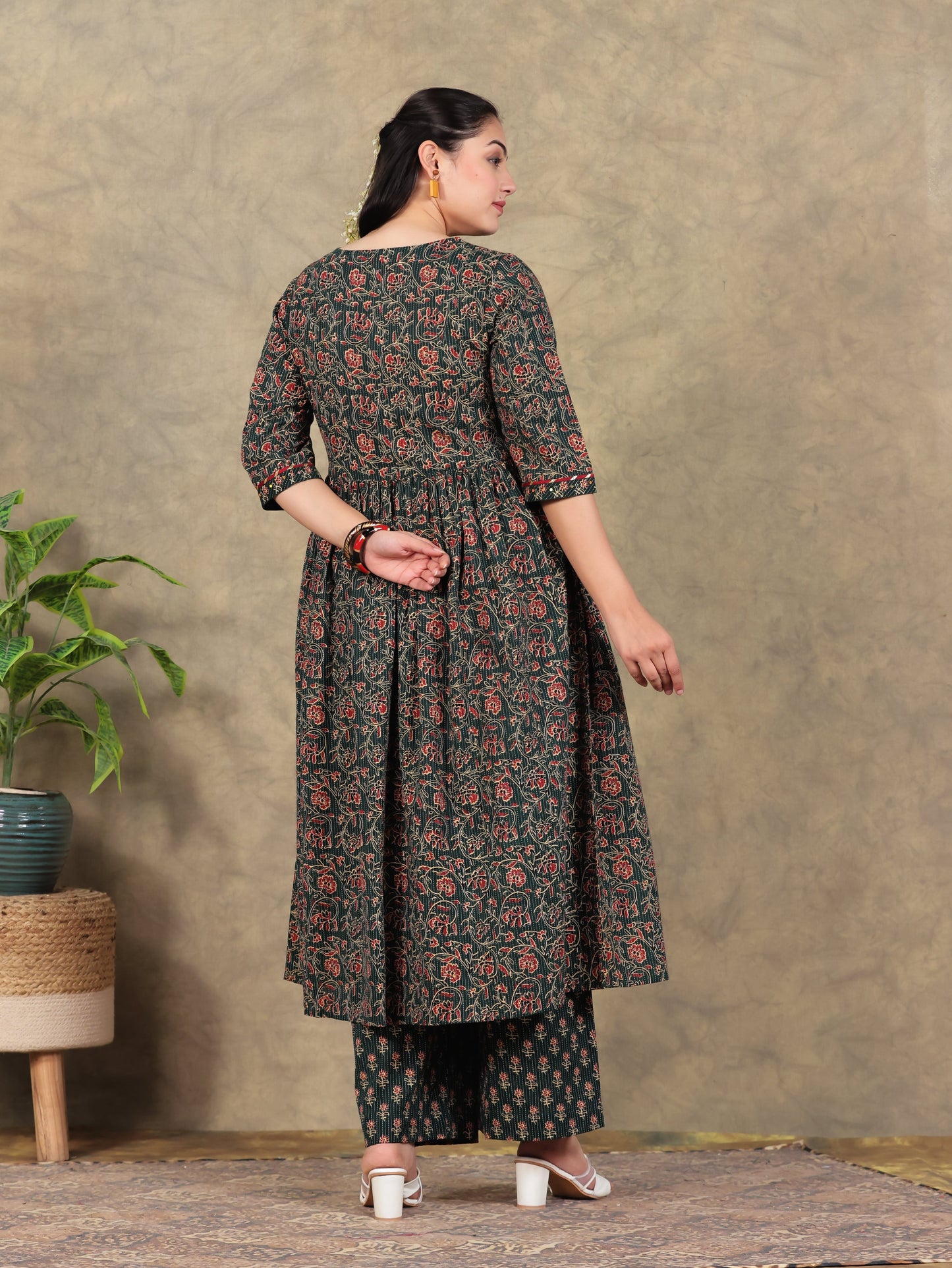 Kantha Cotton Floral Angrakha Green Kurta