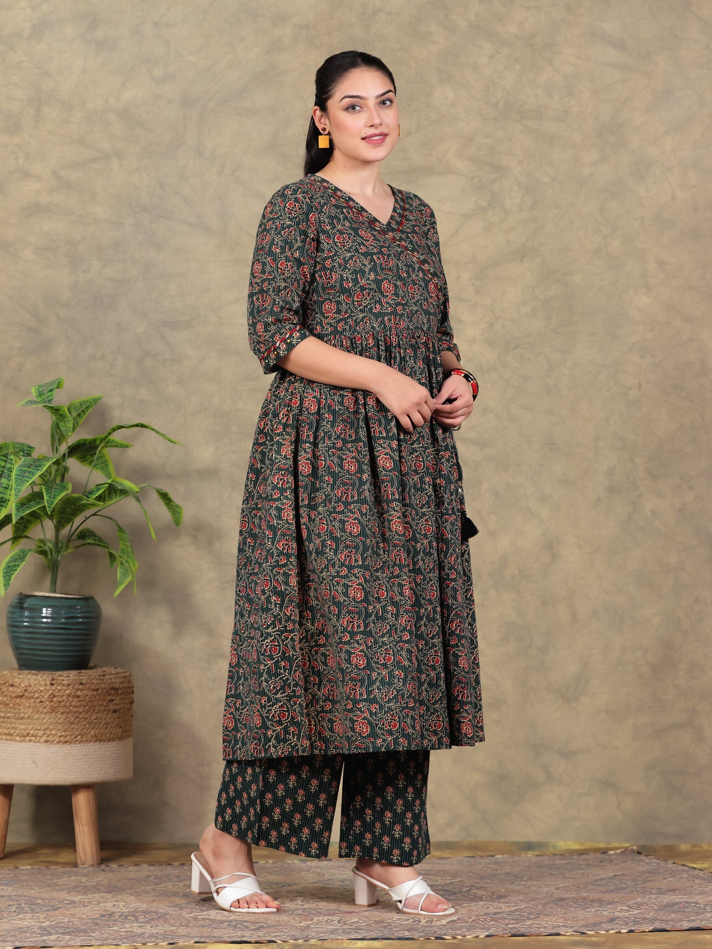 Kantha Cotton Floral Angrakha Green Kurta