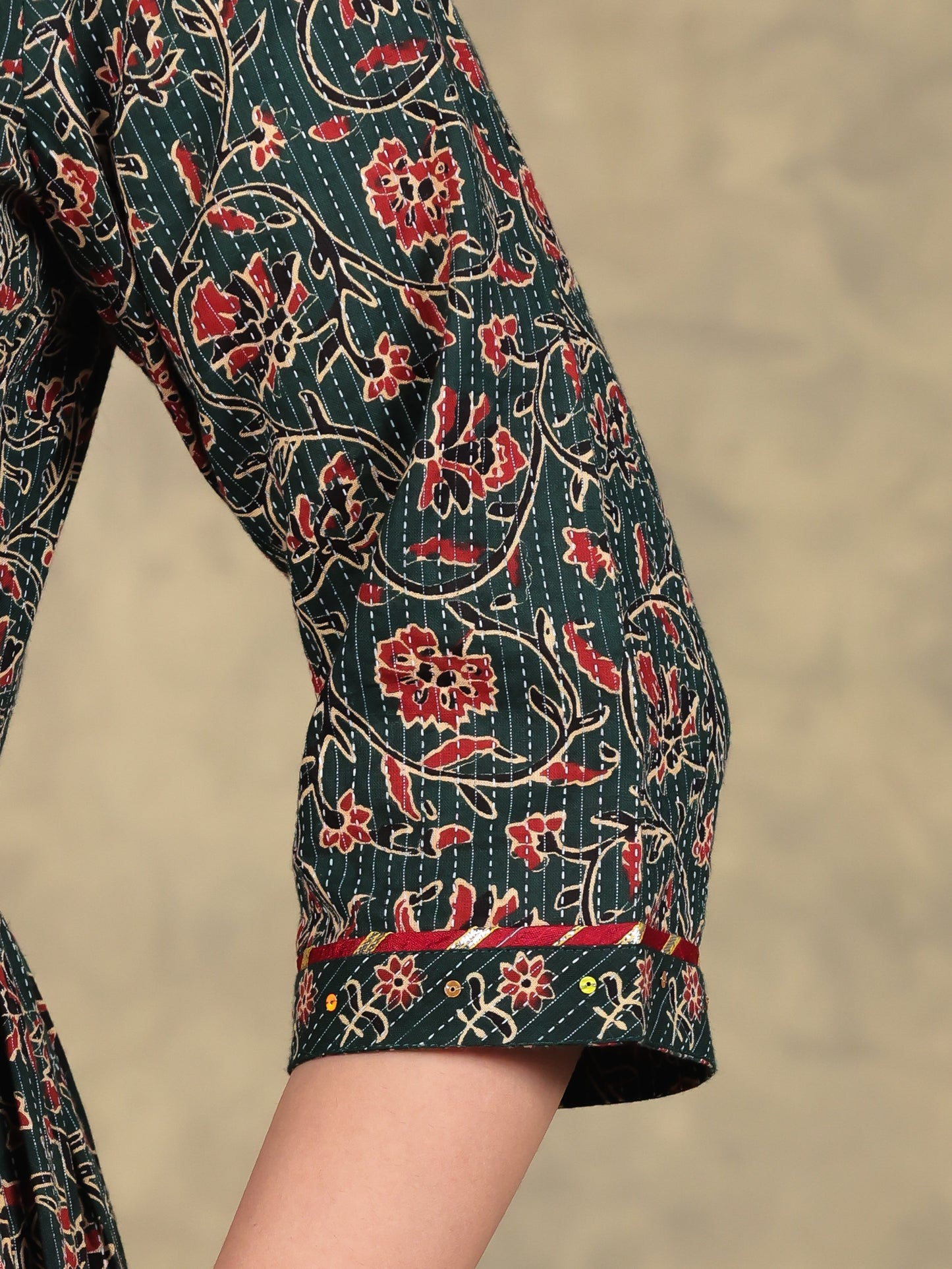 Kantha Cotton Floral Angrakha Green Kurta