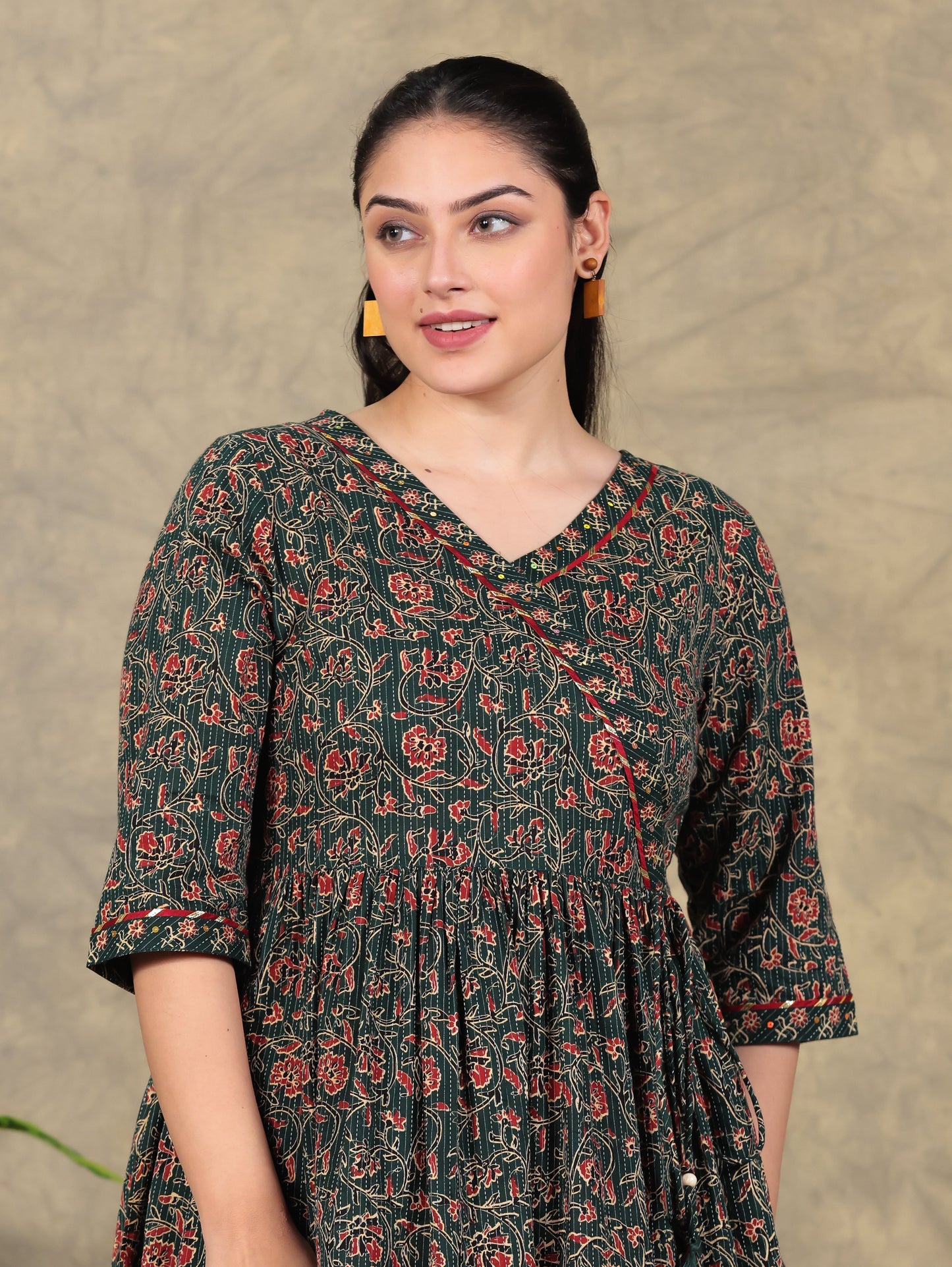Kantha Cotton Floral Angrakha Green Kurta