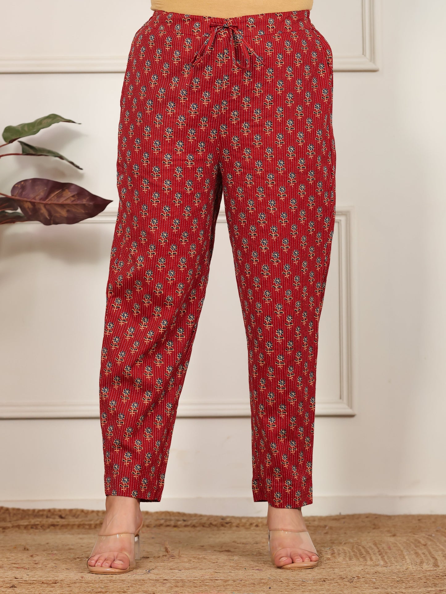 Kantha Cotton Floral Rust Straight Trousers