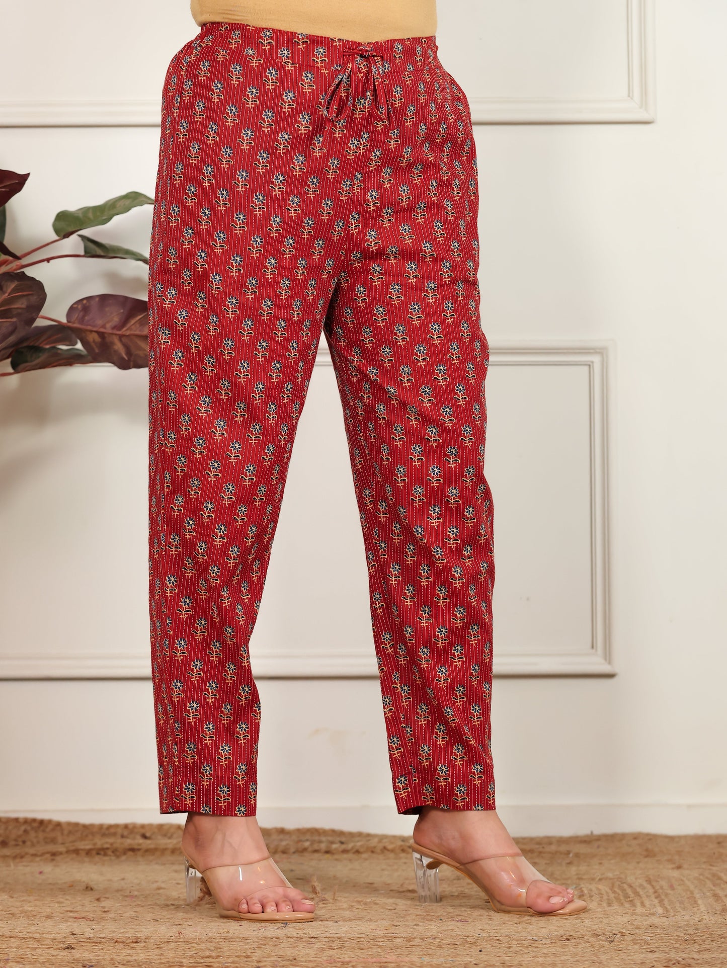 Kantha Cotton Floral Rust Straight Trousers