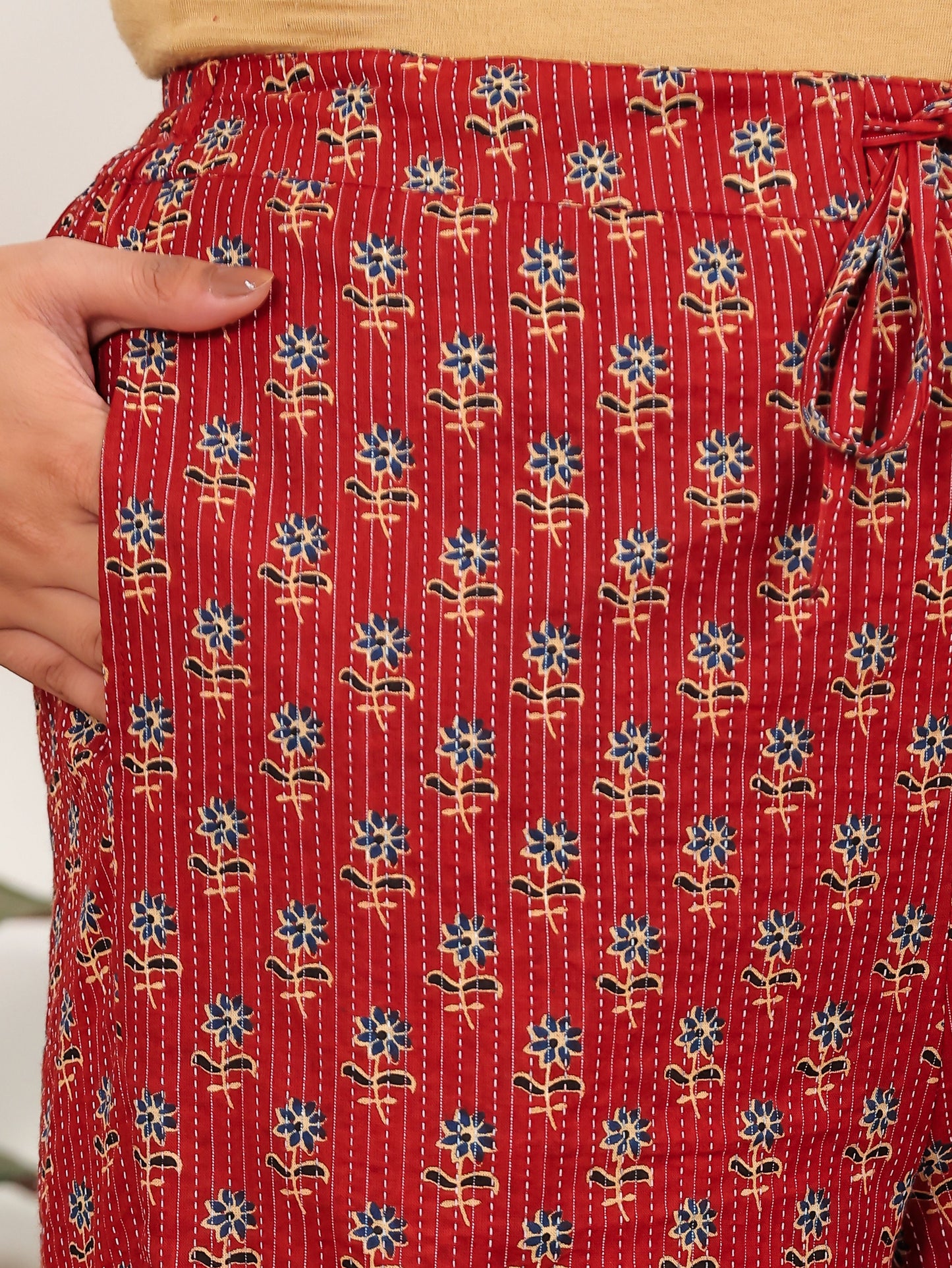 Kantha Cotton Floral Rust Straight Trousers
