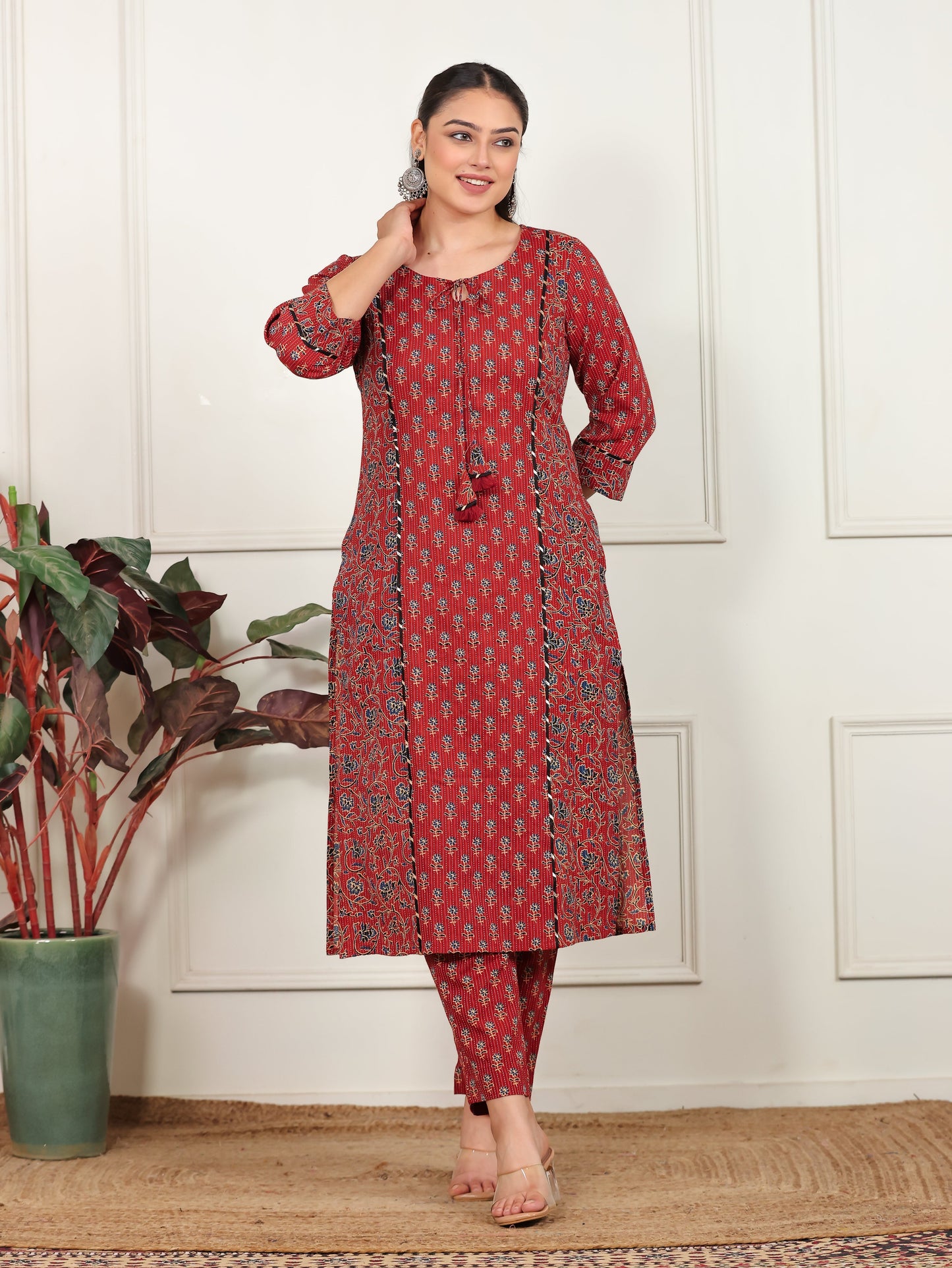 Kantha Cotton Floral A-line Rust Kurta