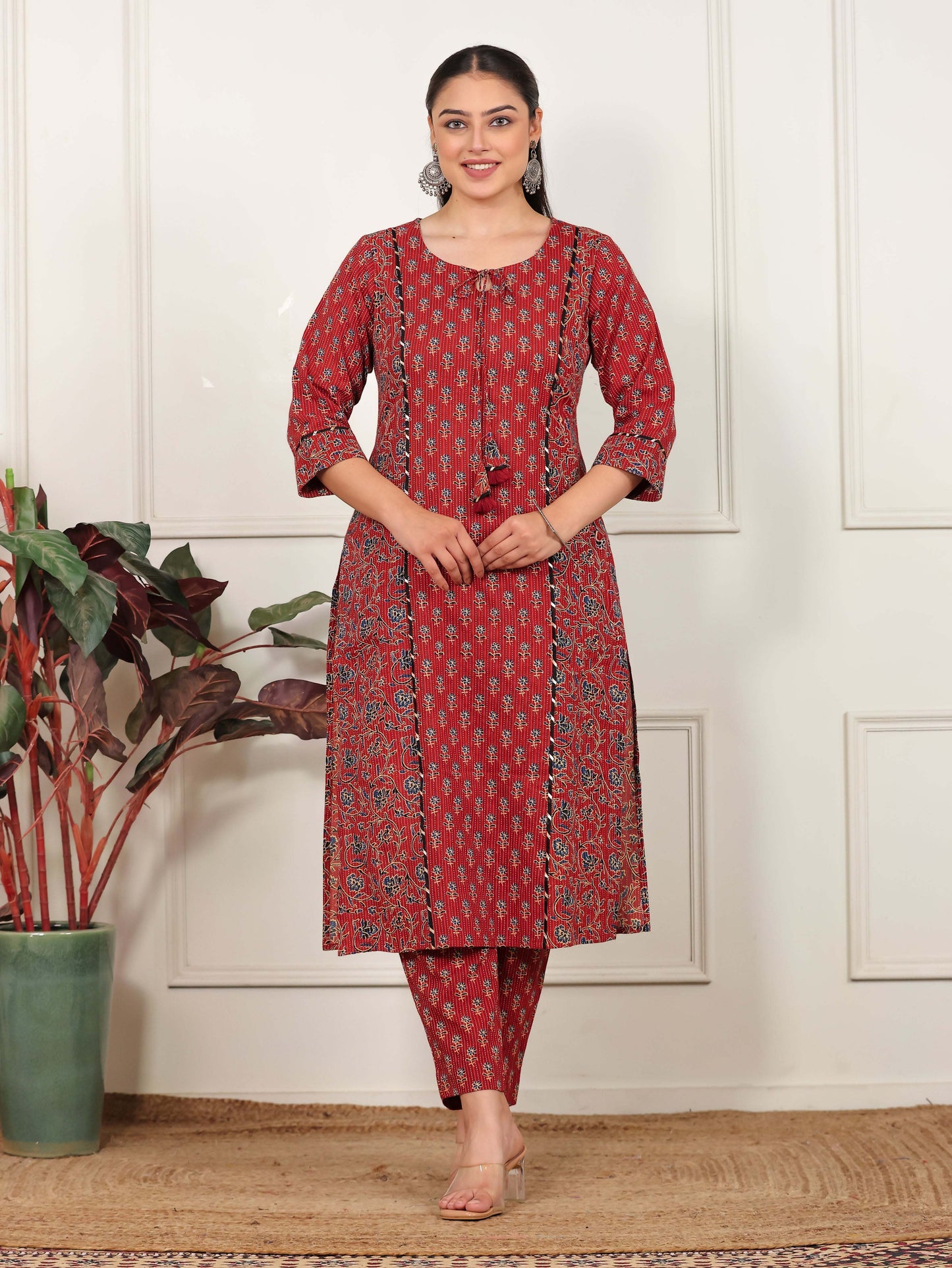 Kantha Cotton Floral A-line Rust Kurta