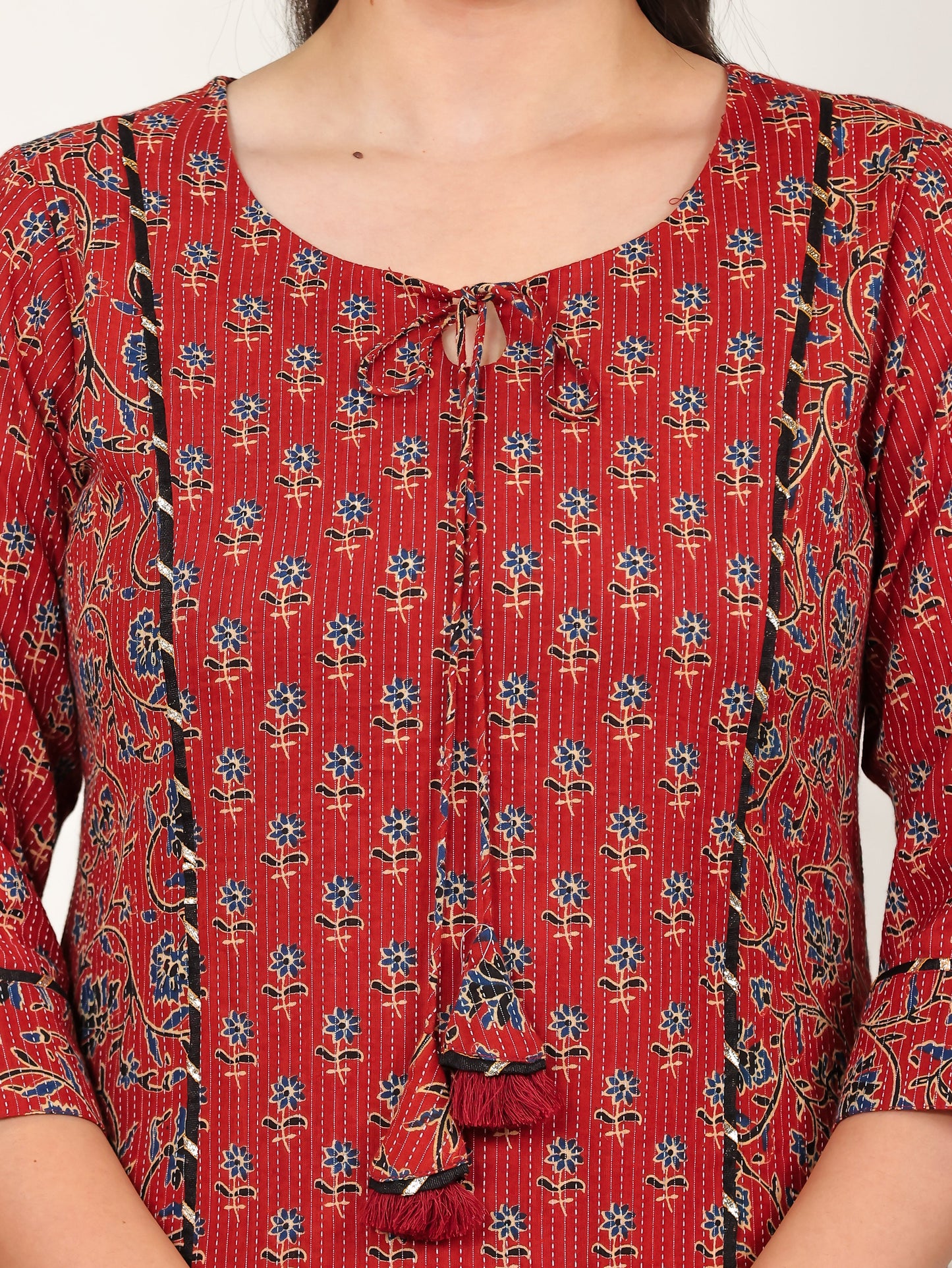 Kantha Cotton Floral A-line Rust Kurta