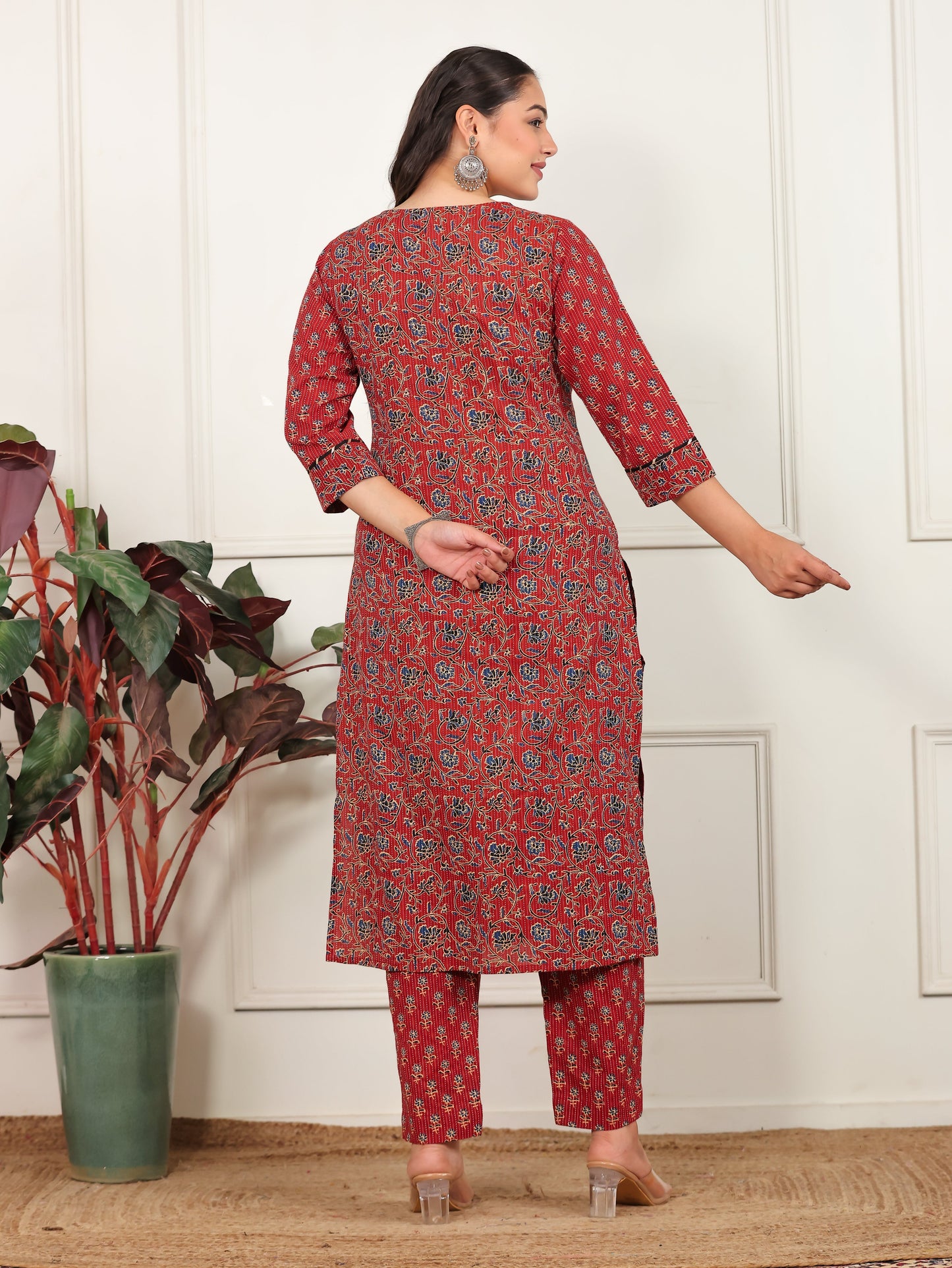 Kantha Cotton Floral A-line Rust Kurta