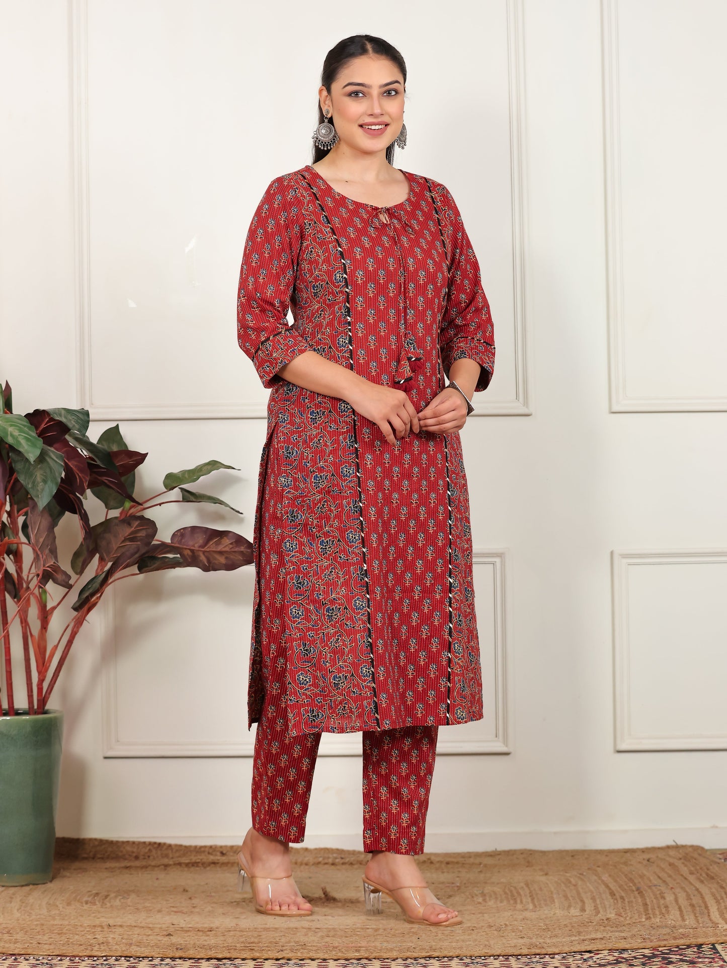 Kantha Cotton Floral A-line Rust Kurta