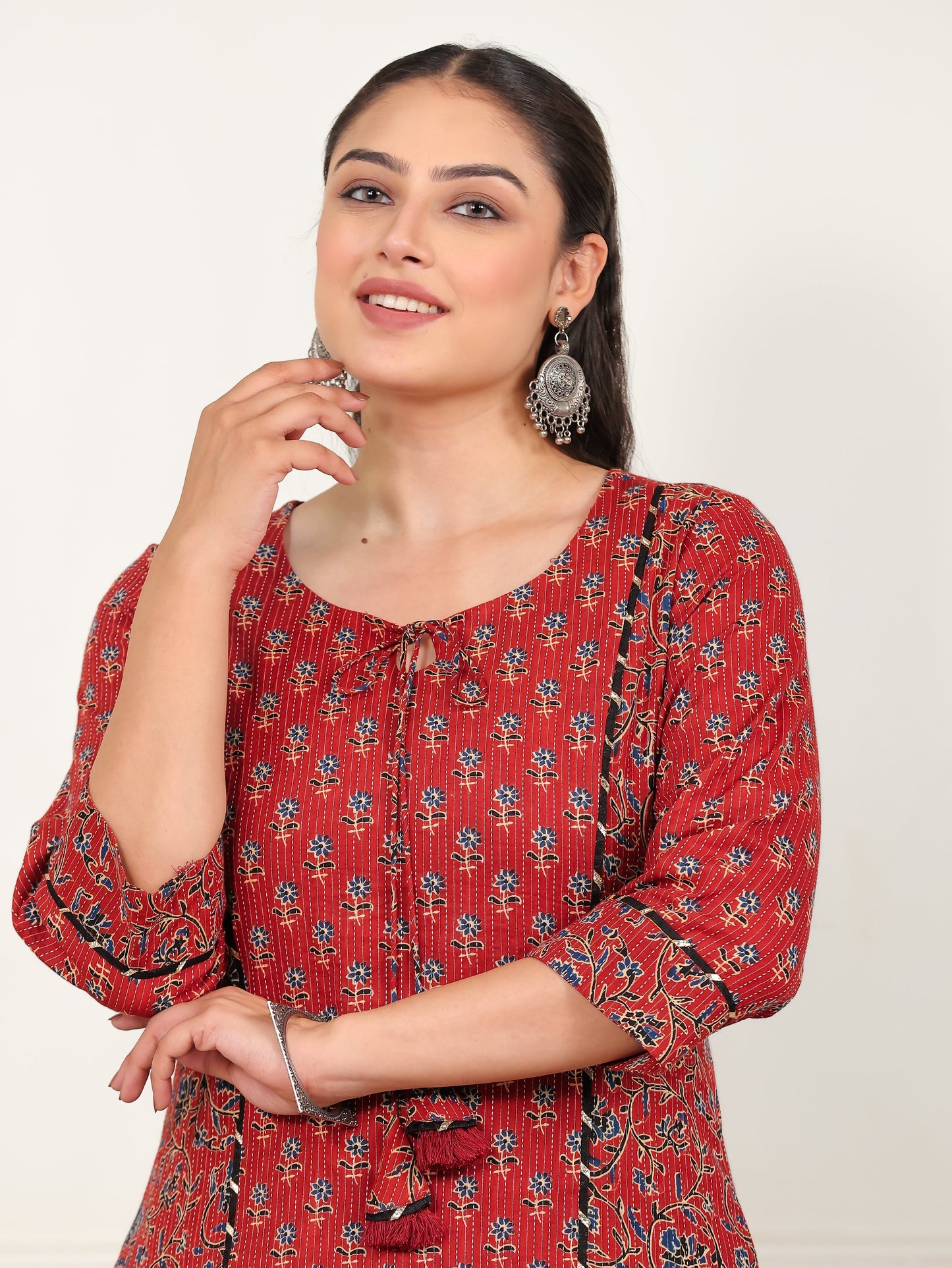 Kantha Cotton Floral A-line Rust Kurta