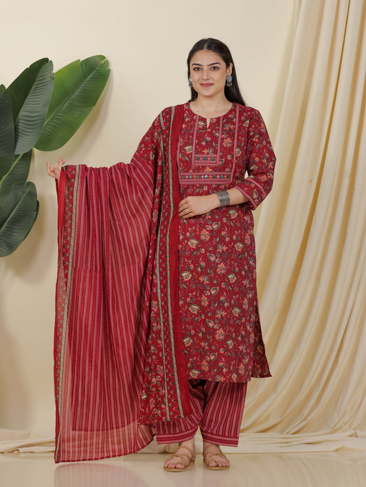 Cotton Voile Border print Maroon Dupatta