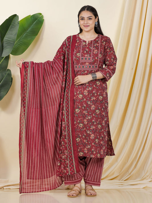 Embroidered Kantha Cotton Floral Straight Maroon Kurta