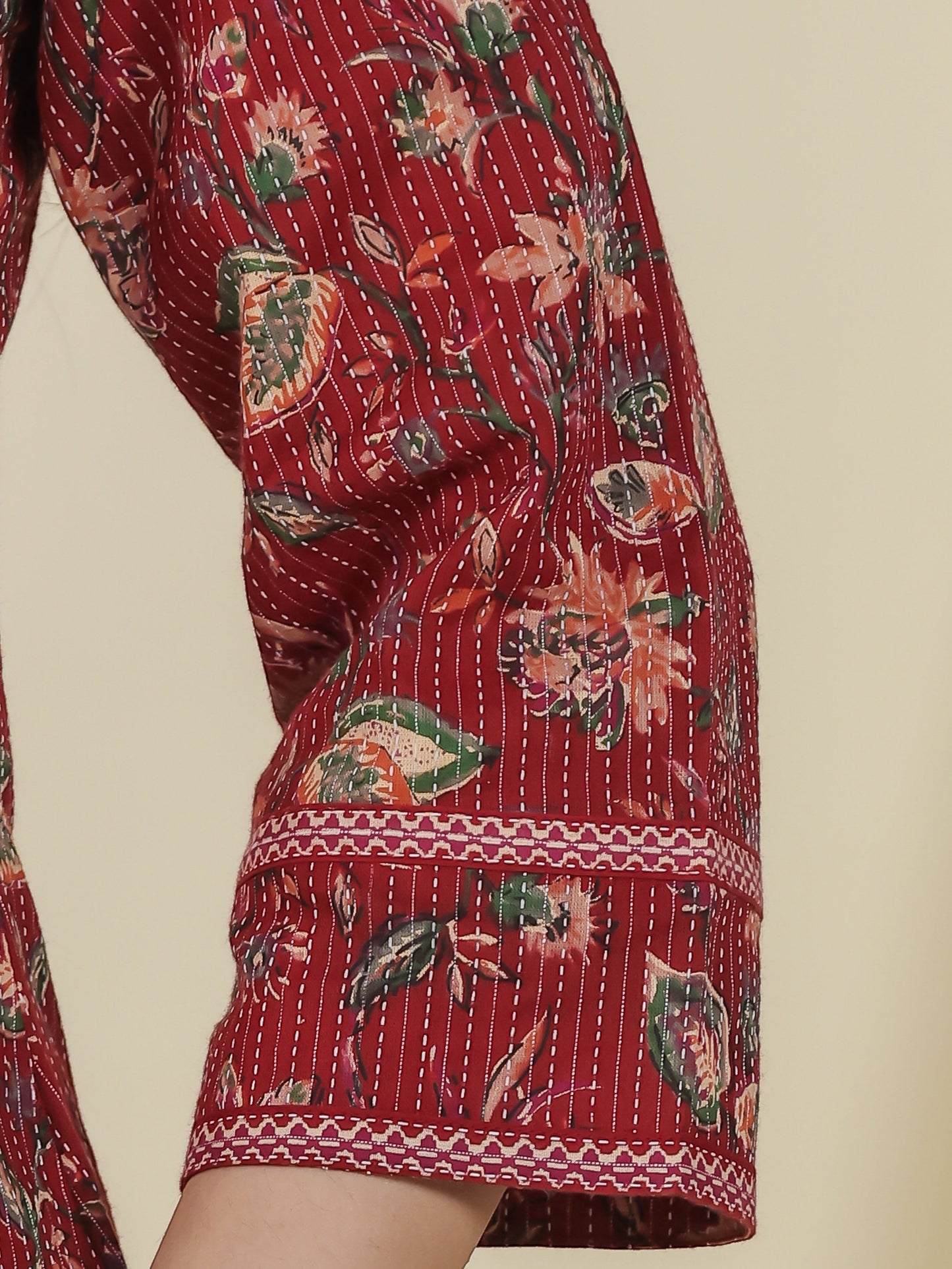 Embroidered Kantha Cotton Floral Straight Maroon Kurta