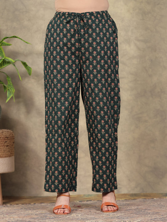 Kantha Cotton Butti Green Straight Trousers