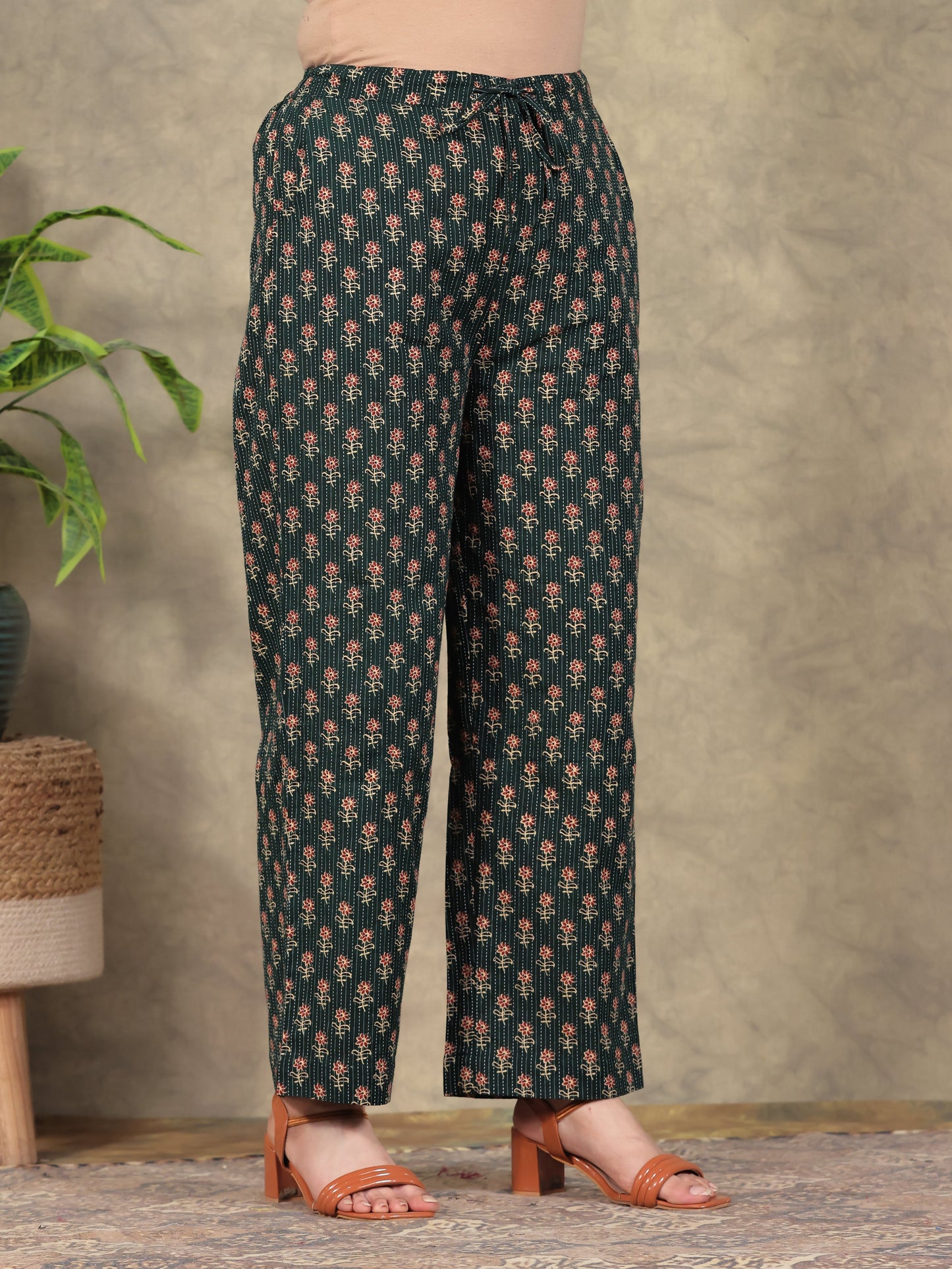 Kantha Cotton Butti Green Straight Trousers