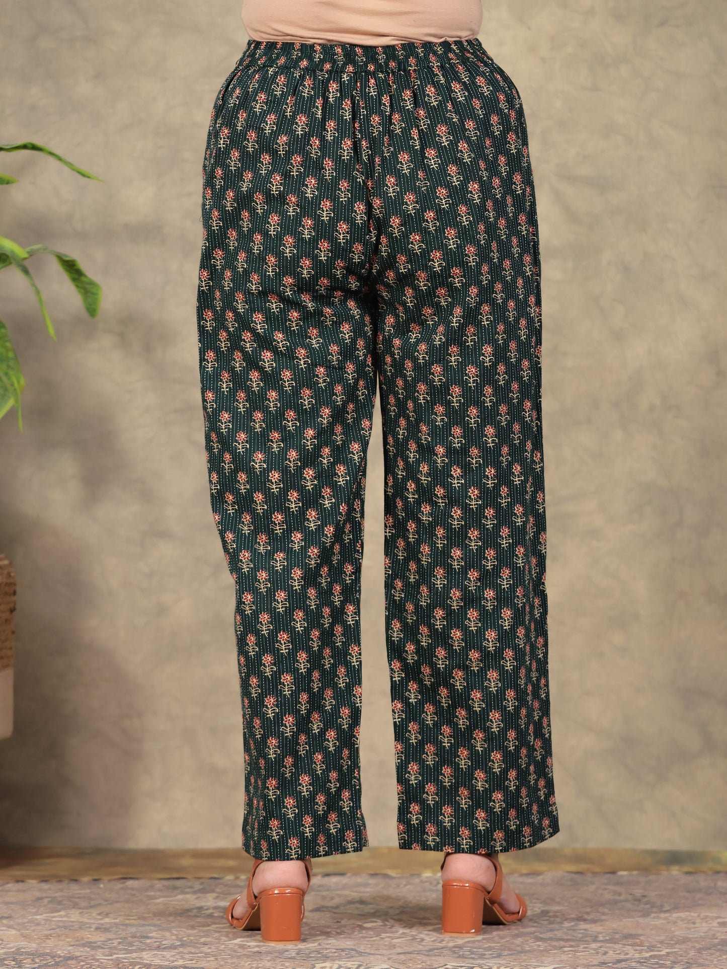 Kantha Cotton Butti Green Straight Trousers