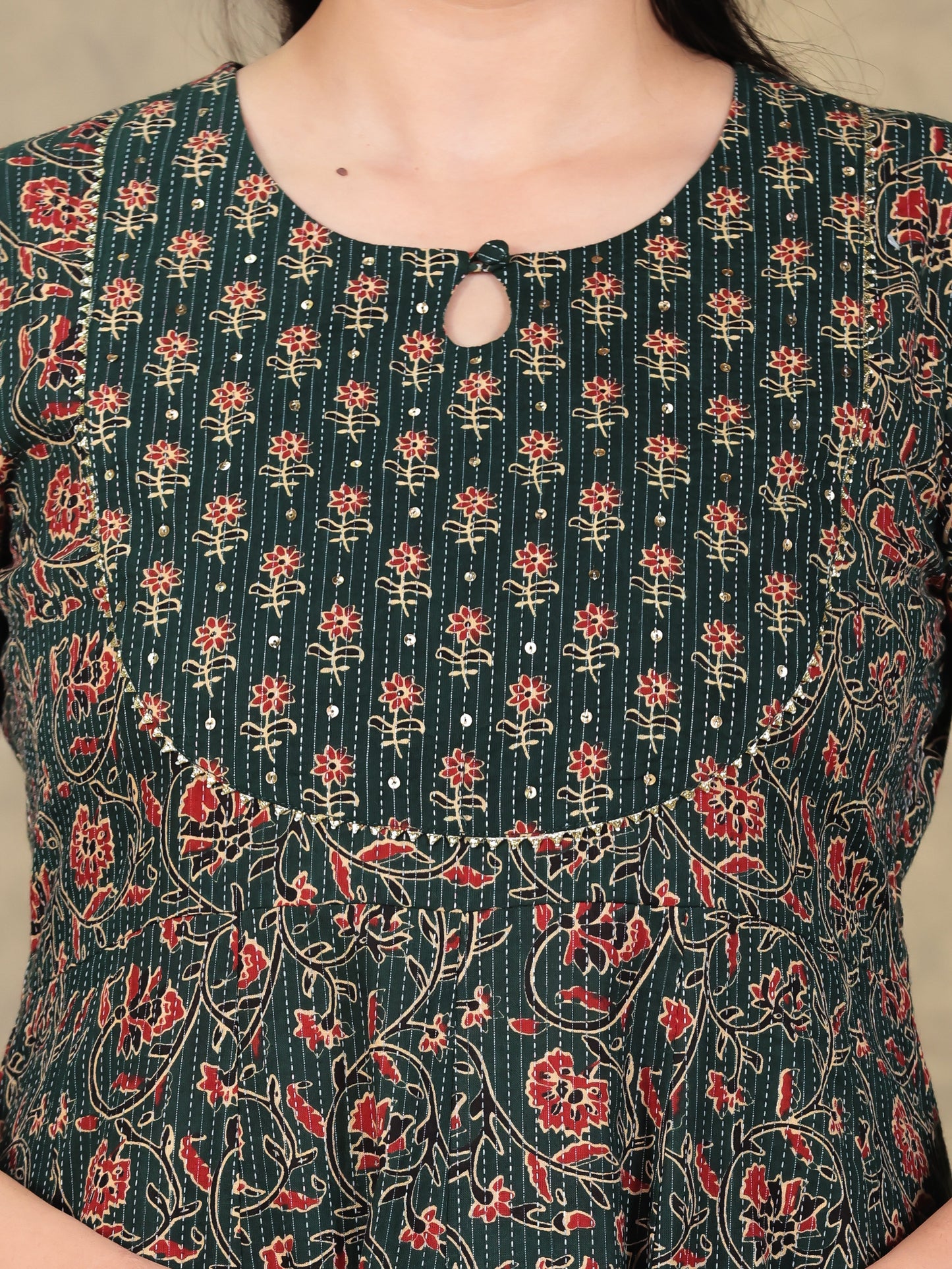 Embroidered Kantha Cotton Floral Anarkali Green Kurta