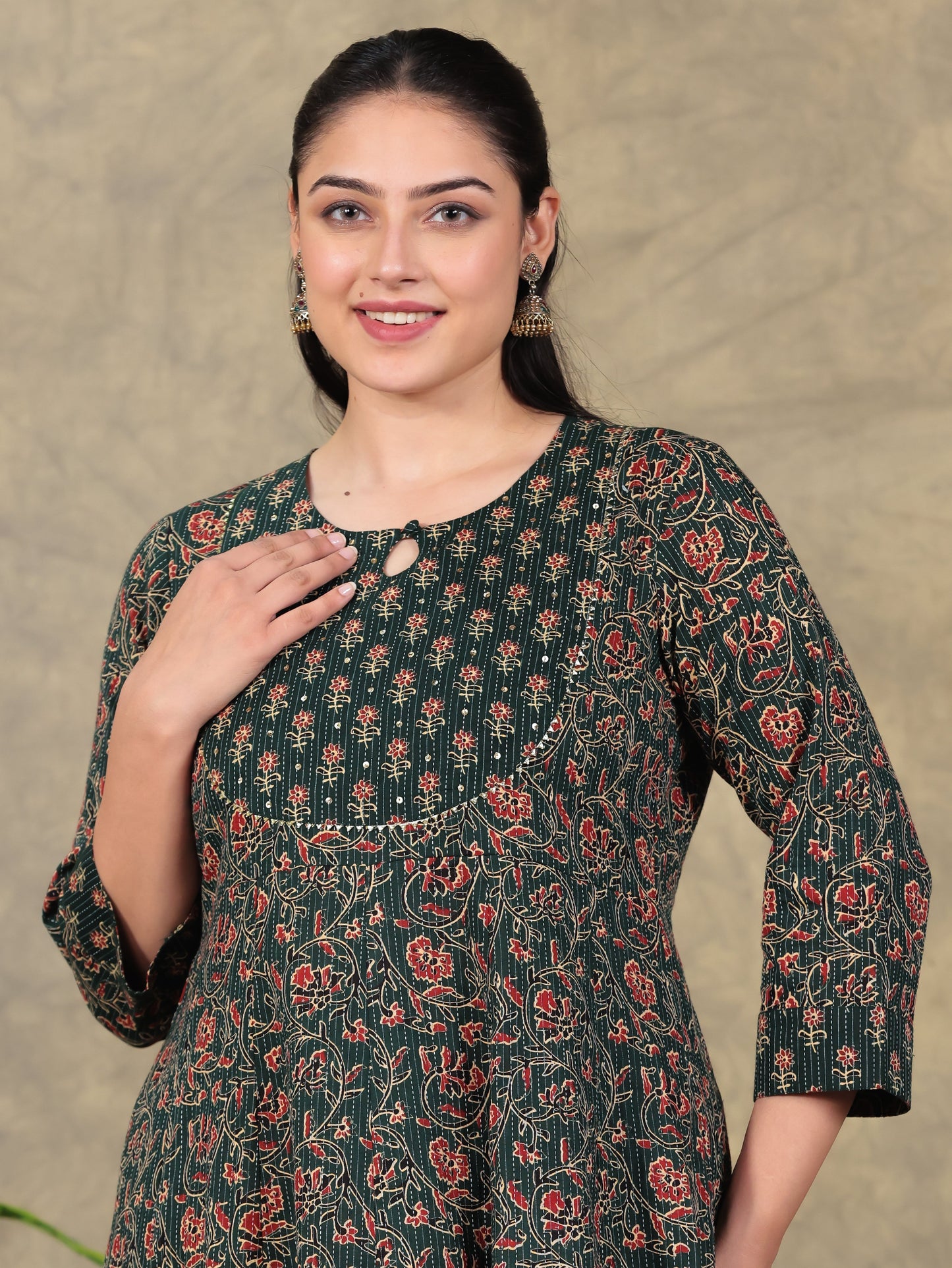 Embroidered Kantha Cotton Floral Anarkali Green Kurta