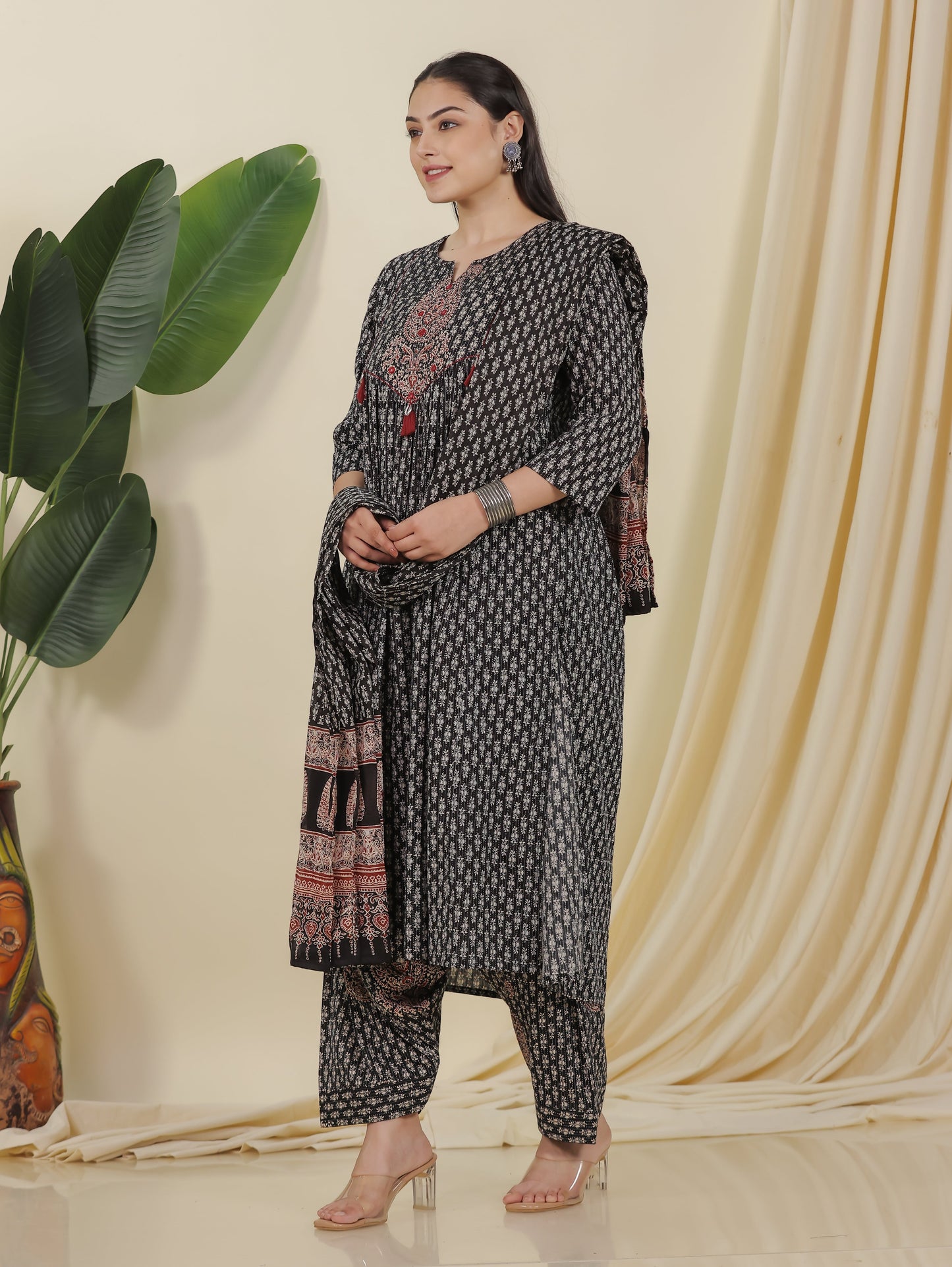 Cotton Voile Block Print Black Dupatta