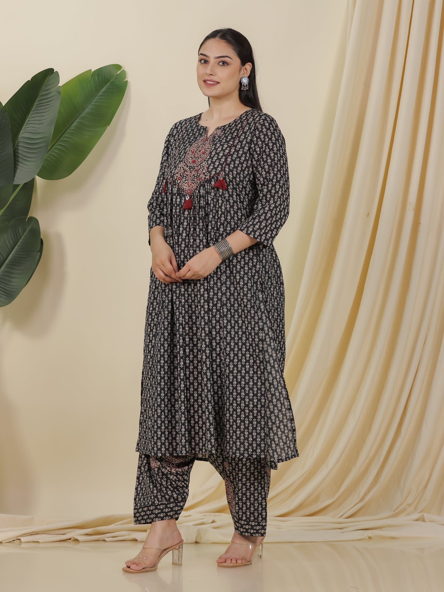 Embroidered Kantha Cotton Block Print Flared Black Kurta
