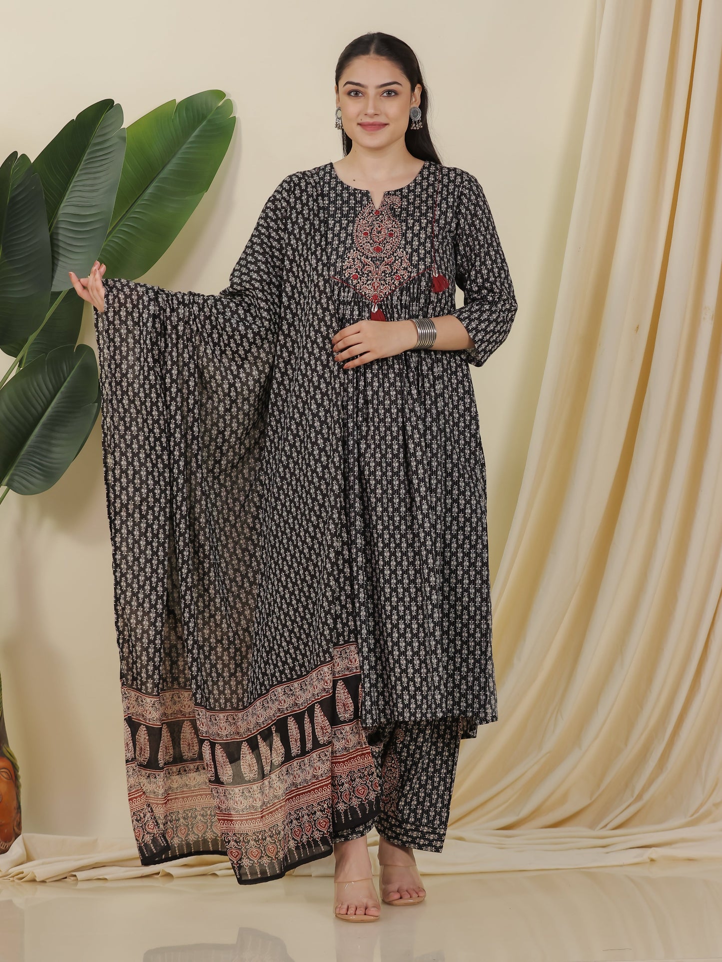 Embroidered Kantha Cotton Block Print Flared Black Kurta
