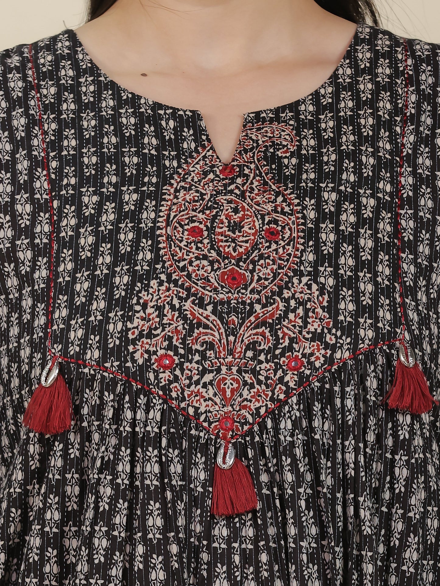 Embroidered Kantha Cotton Block Print Flared Black Kurta