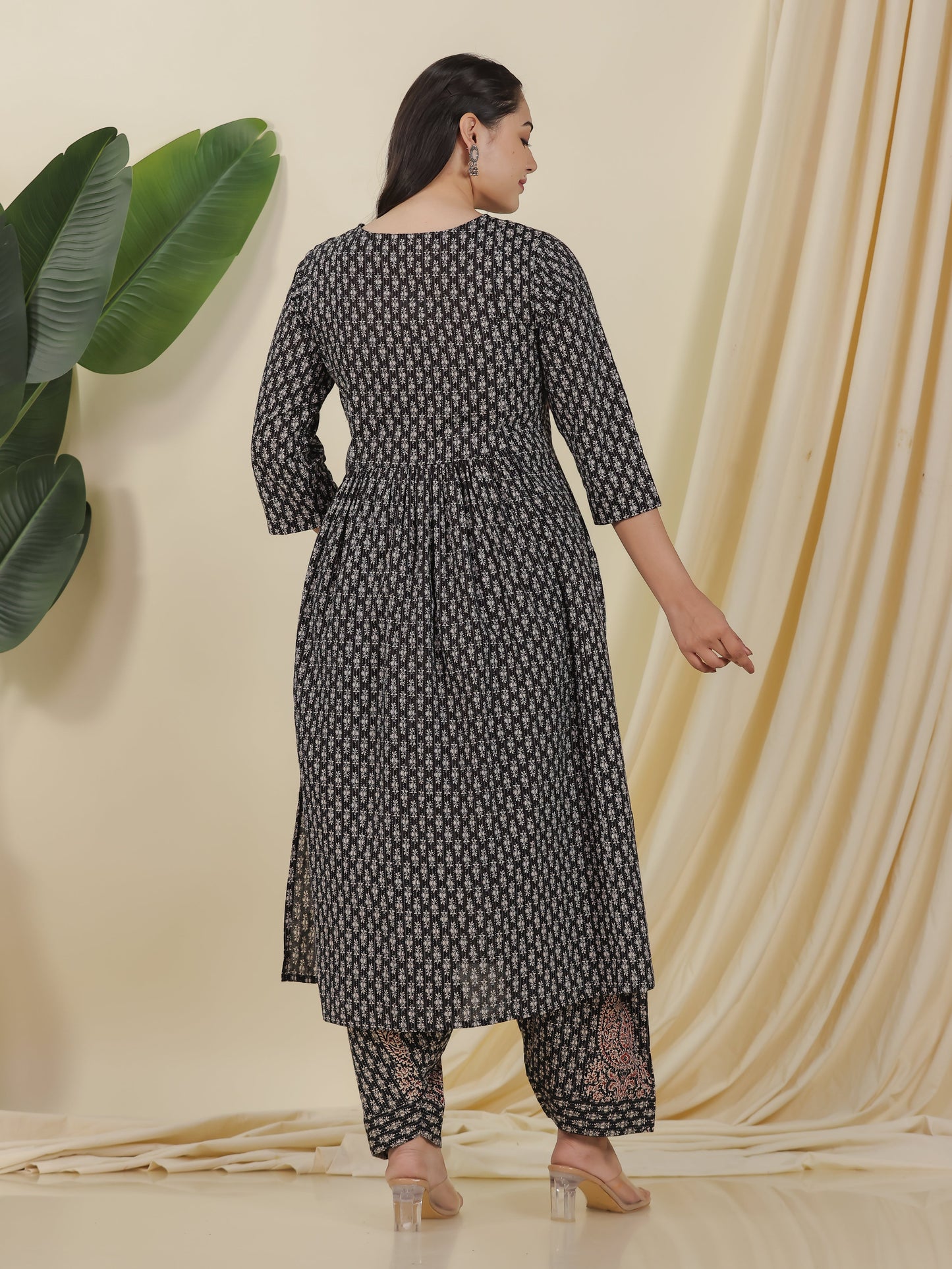 Embroidered Kantha Cotton Block Print Flared Black Kurta