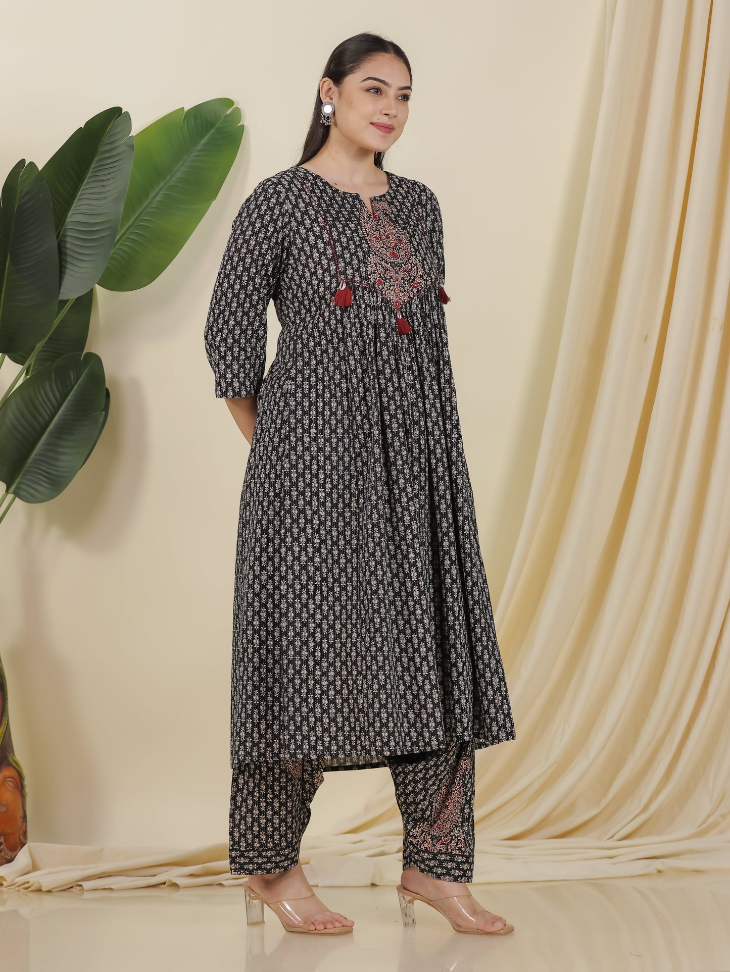Embroidered Kantha Cotton Block Print Flared Black Kurta