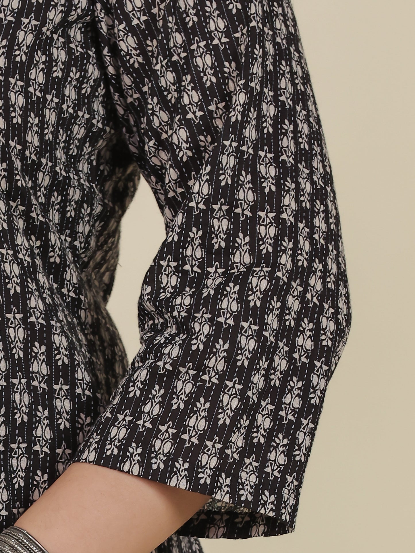 Embroidered Kantha Cotton Block Print Flared Black Kurta