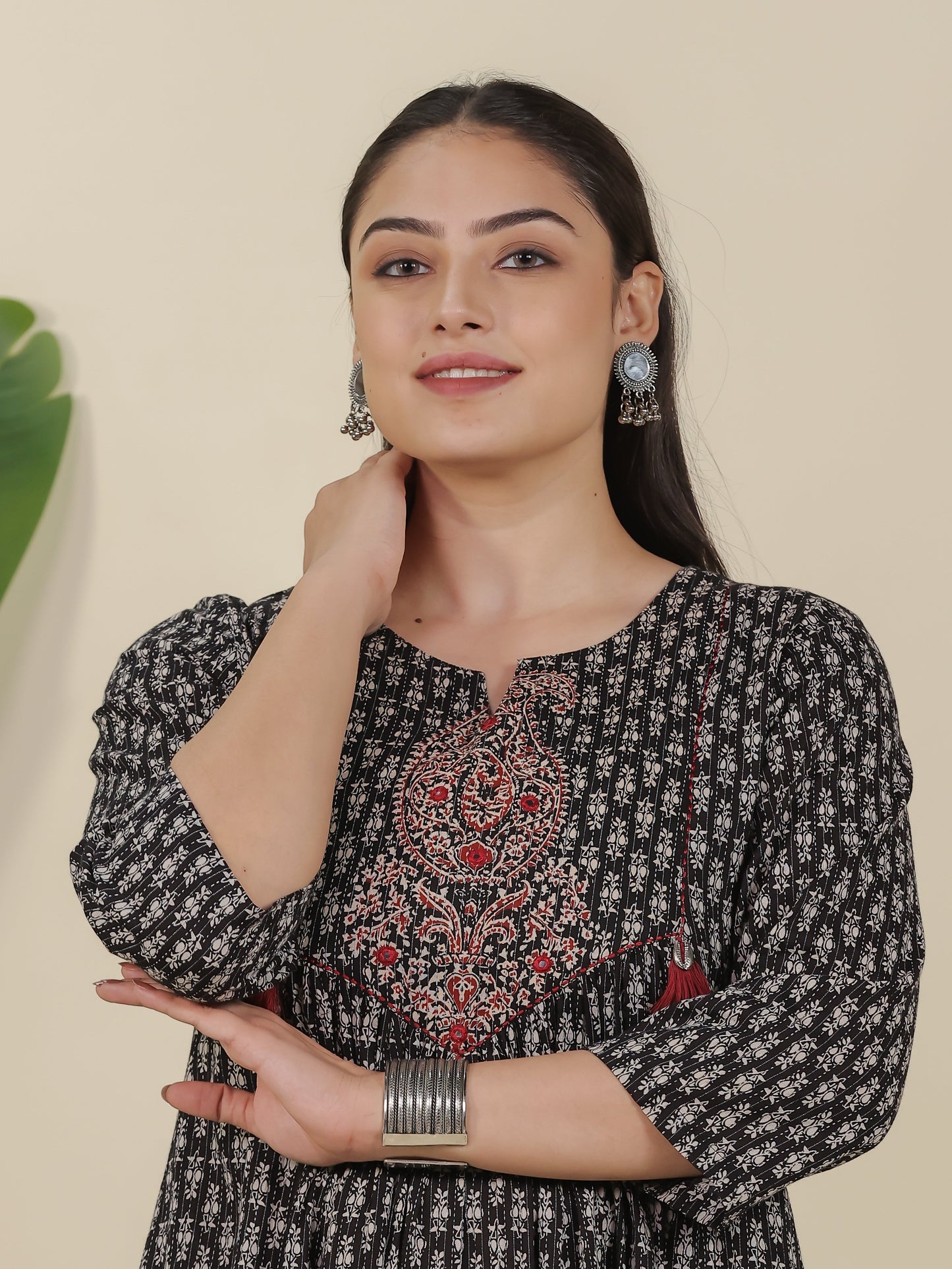 Embroidered Kantha Cotton Block Print Flared Black Kurta