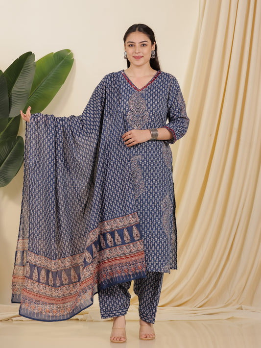 Embroidered Kantha Cotton Paisley Straight Blue Kurta