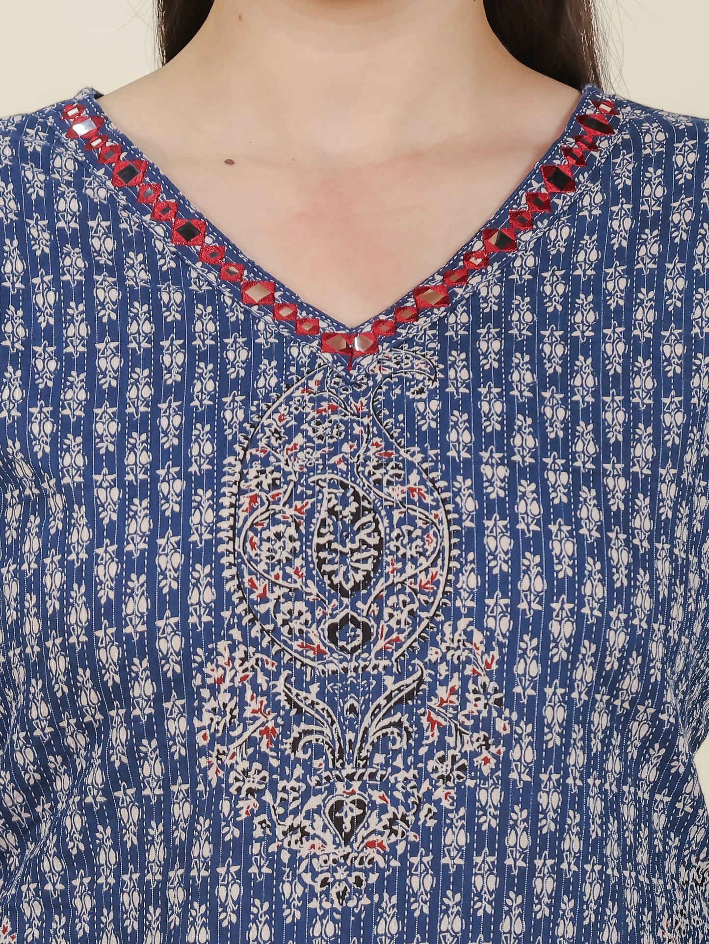 Embroidered Kantha Cotton Paisley Straight Blue Kurta