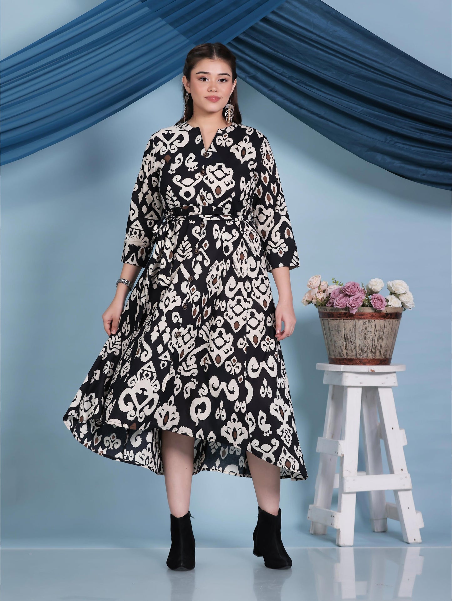 Soft Cotton Ikat High Low Black Dress