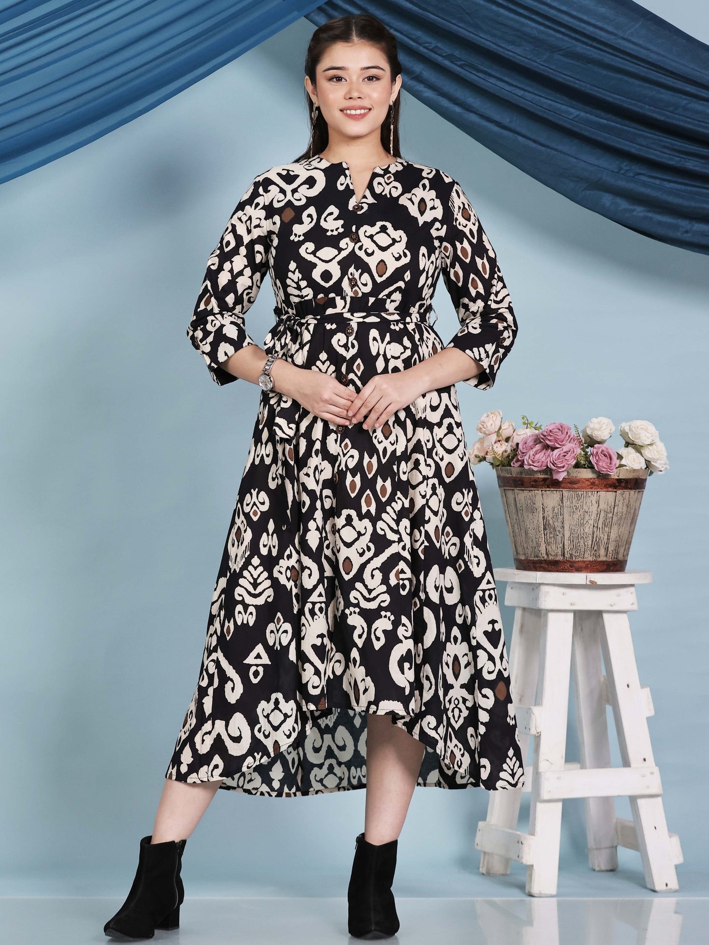 Soft Cotton Ikat High Low Black Dress