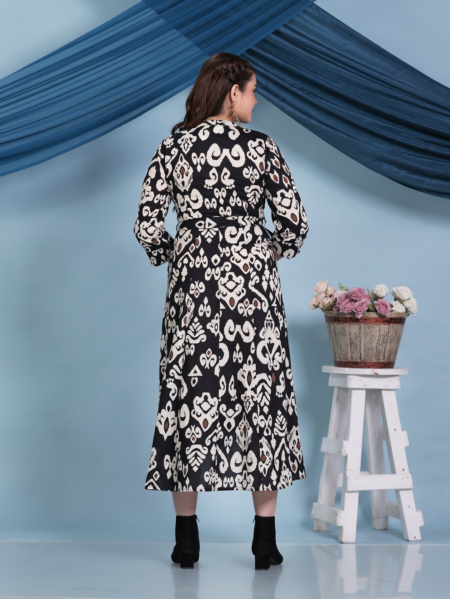 Soft Cotton Ikat High Low Black Dress