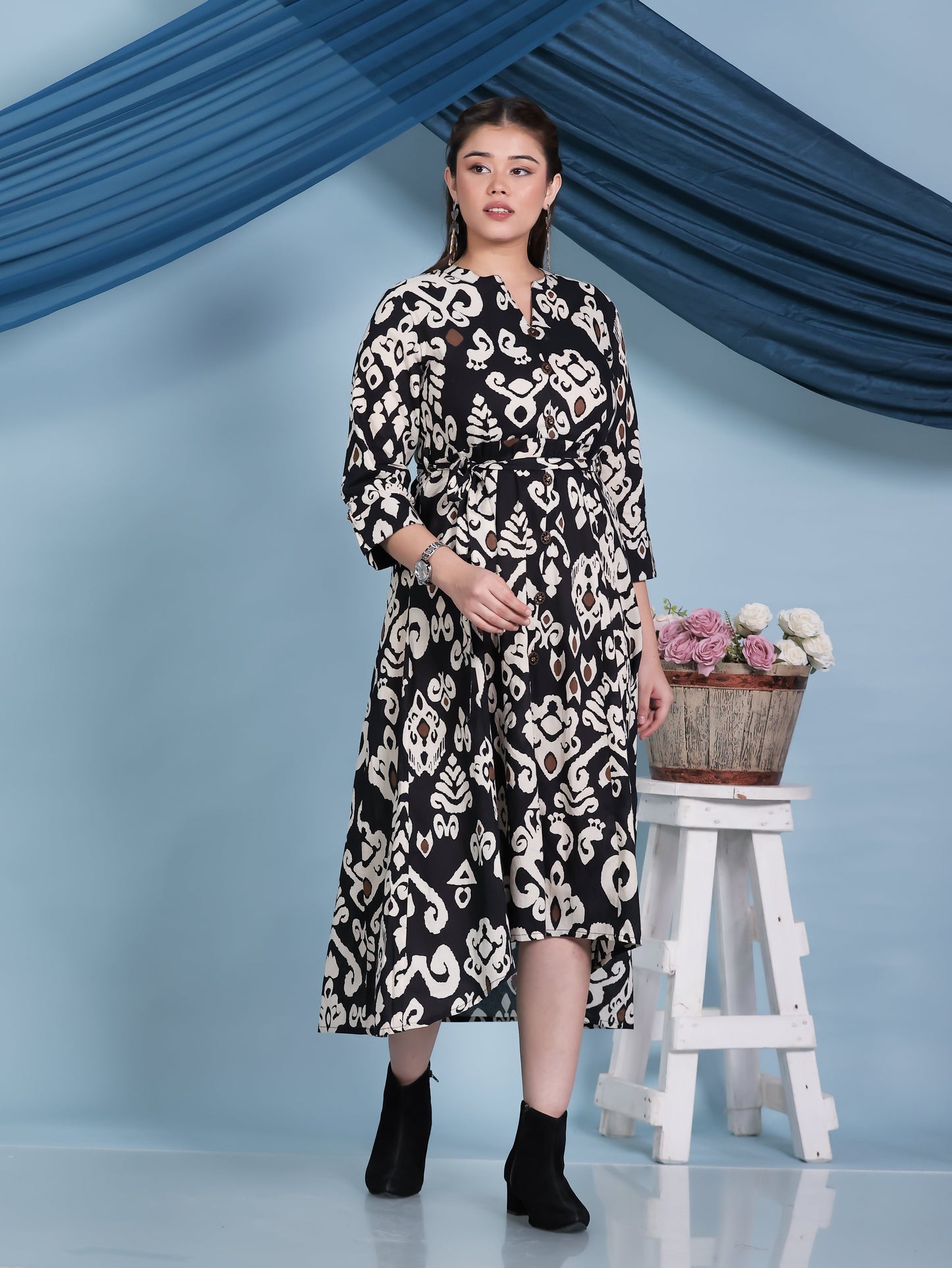 Soft Cotton Ikat High Low Black Dress