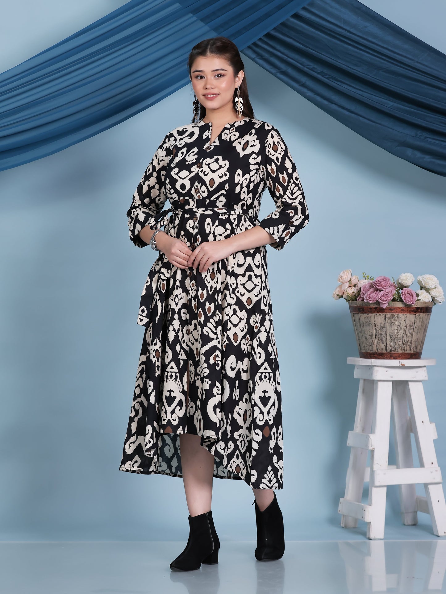 Soft Cotton Ikat High Low Black Dress