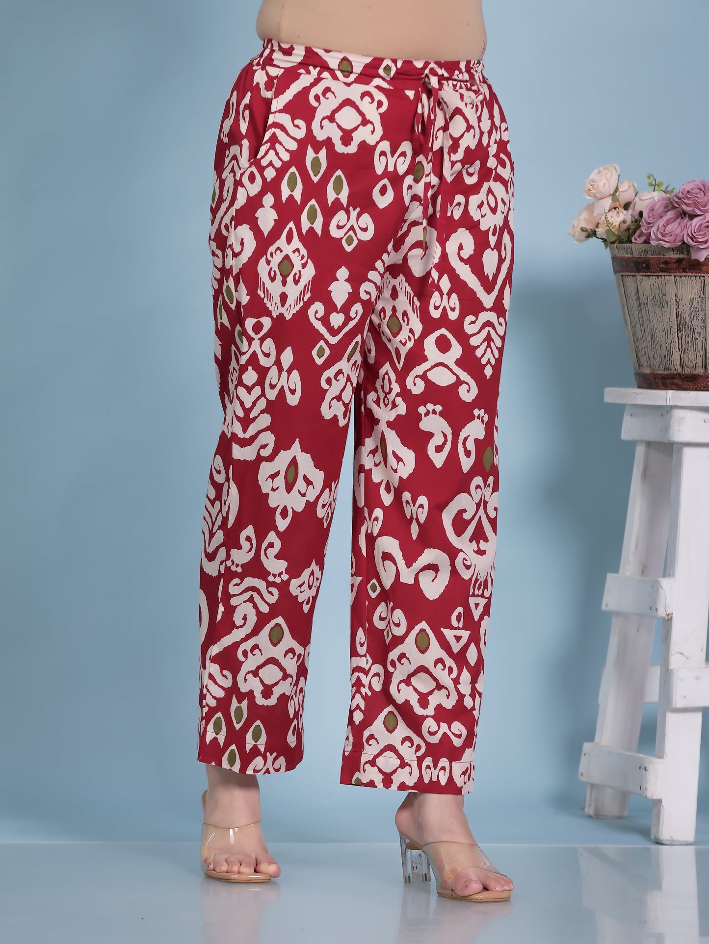 Soft Cotton Ikat Red Straight Trousers