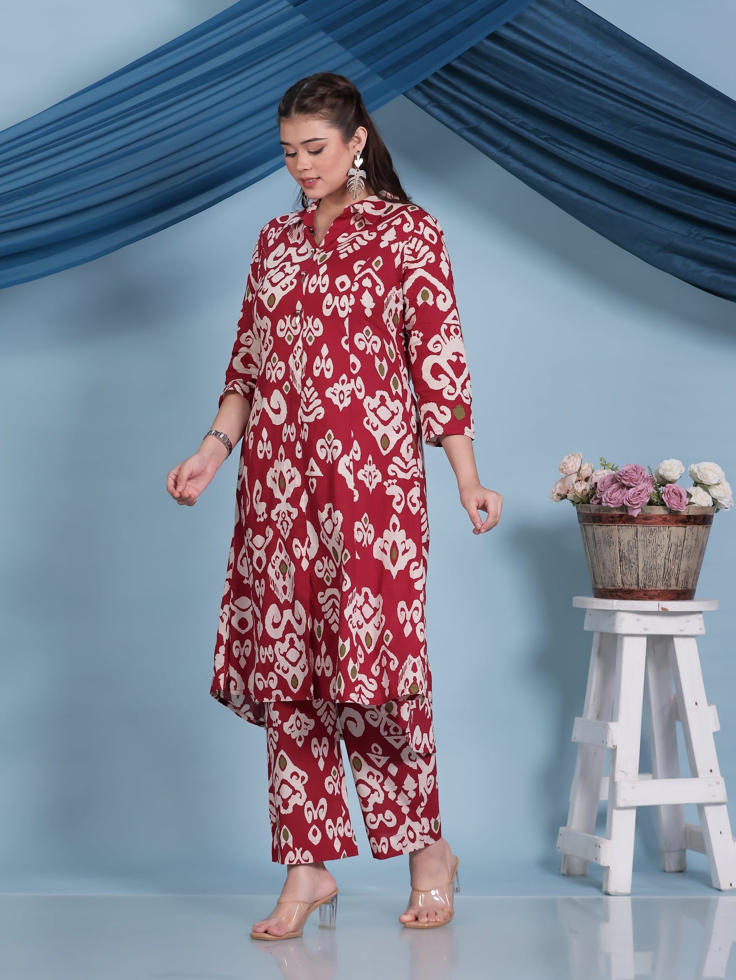 Soft Cotton Ikat High Low Red Kurta