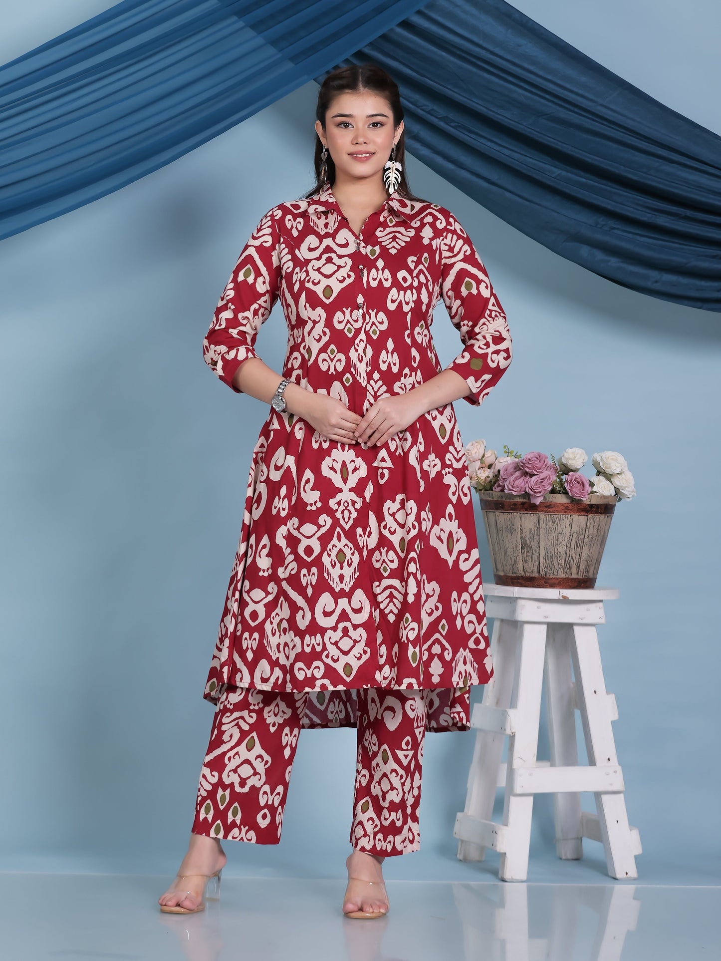 Soft Cotton Ikat High Low Red Kurta