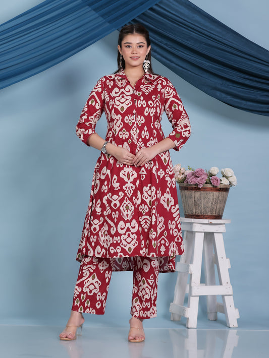 Soft Cotton Ikat High Low Red Kurta