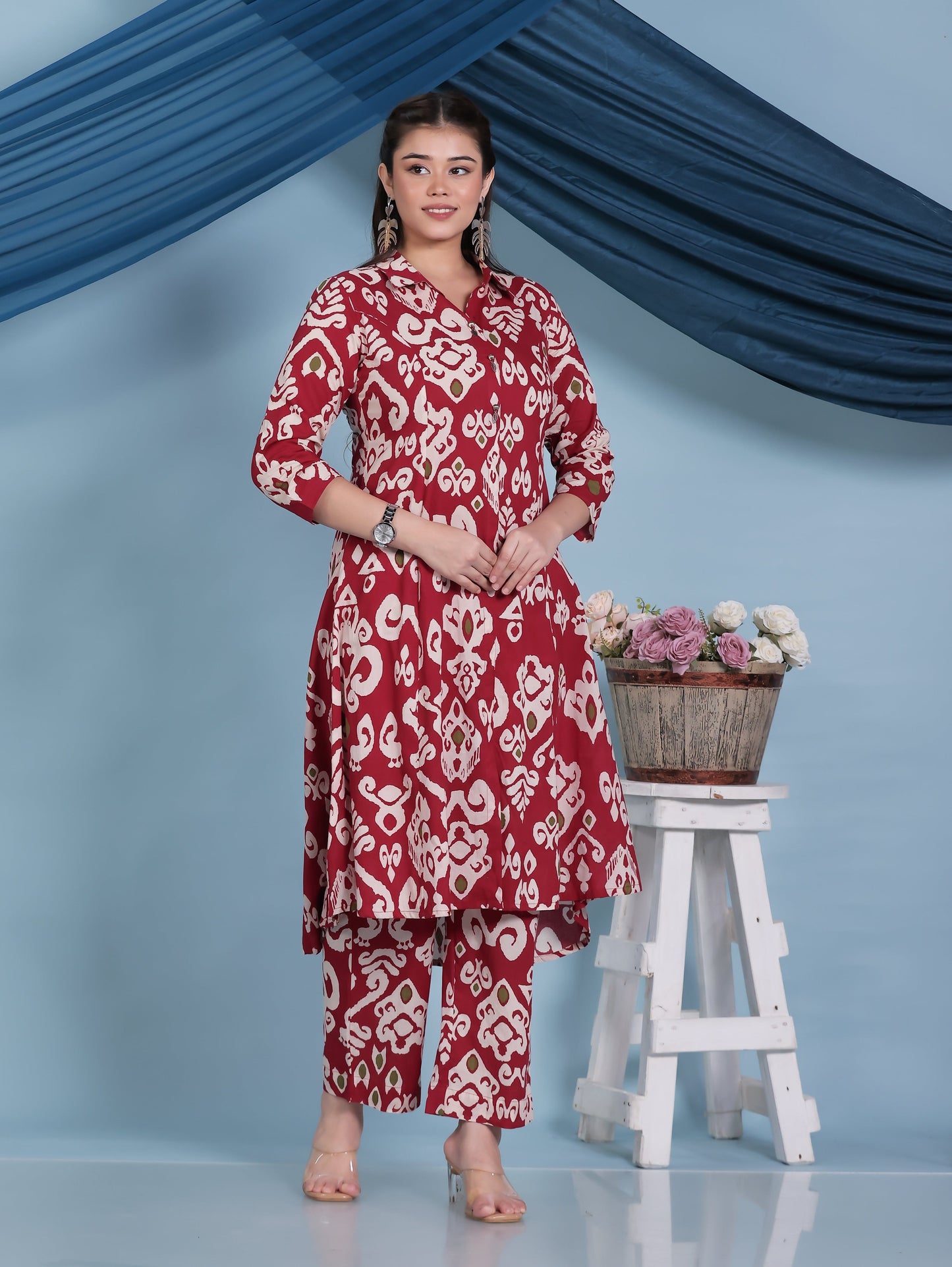 Soft Cotton Ikat High Low Red Kurta