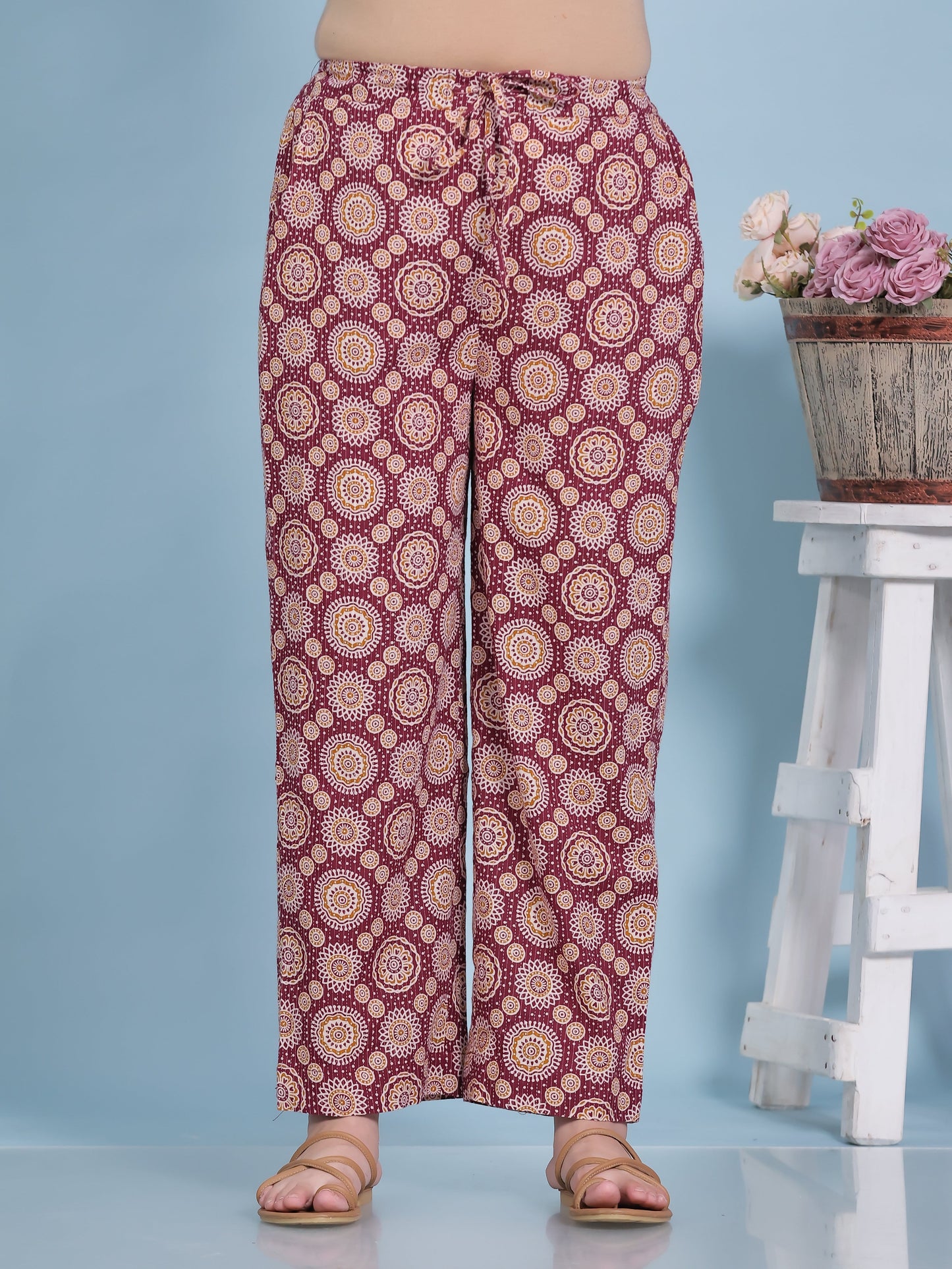 Kantha Cotton Geometric Maroon Straight Trousers