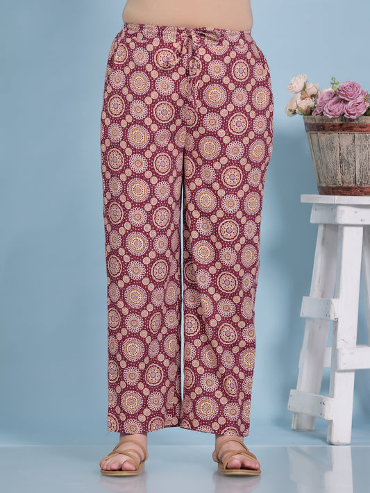Kantha Cotton Geometric Maroon Straight Trousers